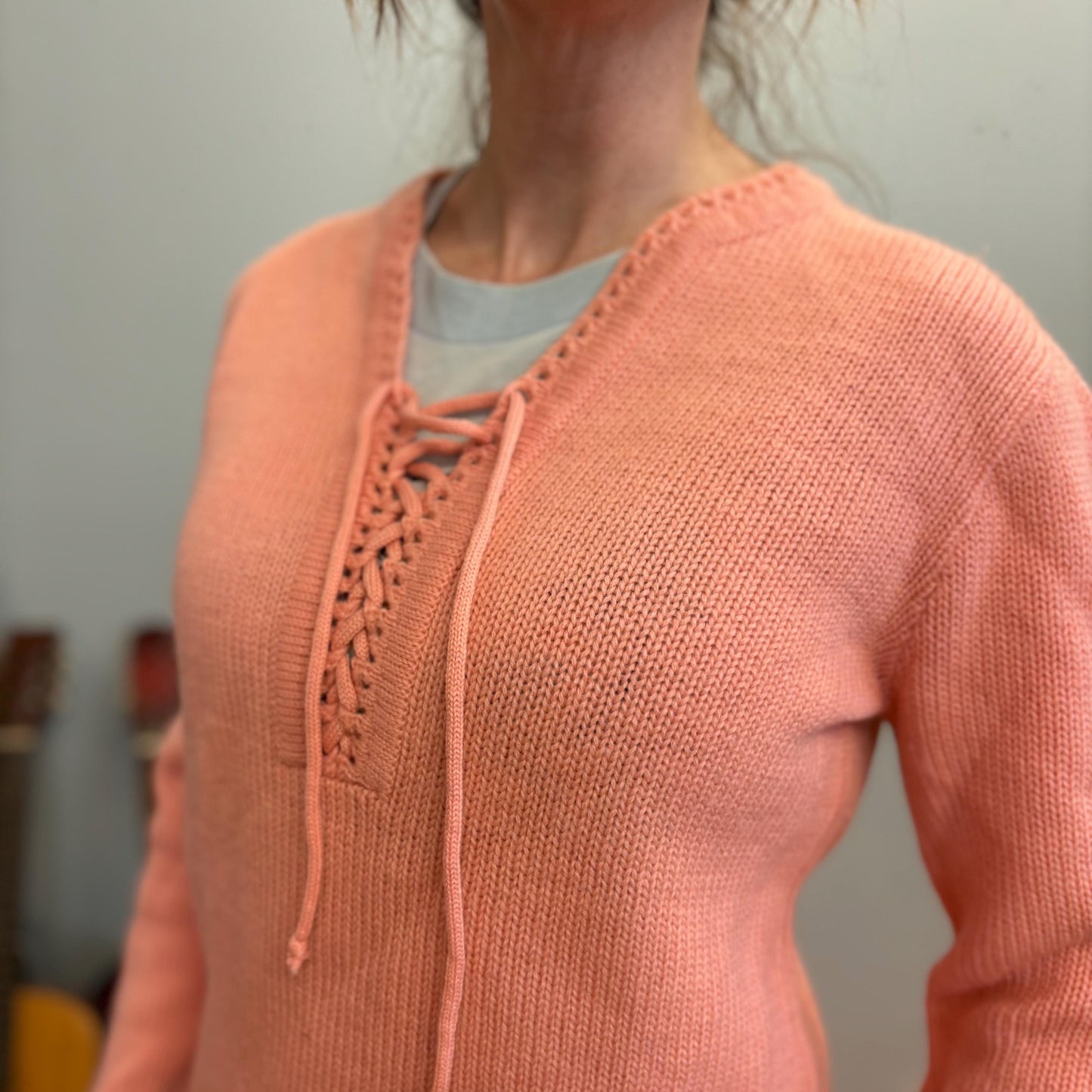 vtg 50s PEACH LACE UP Sweater // vintage pastel orange garland ruggle spun mid century preppy cute cozy wool blend knit jumper detailed trim