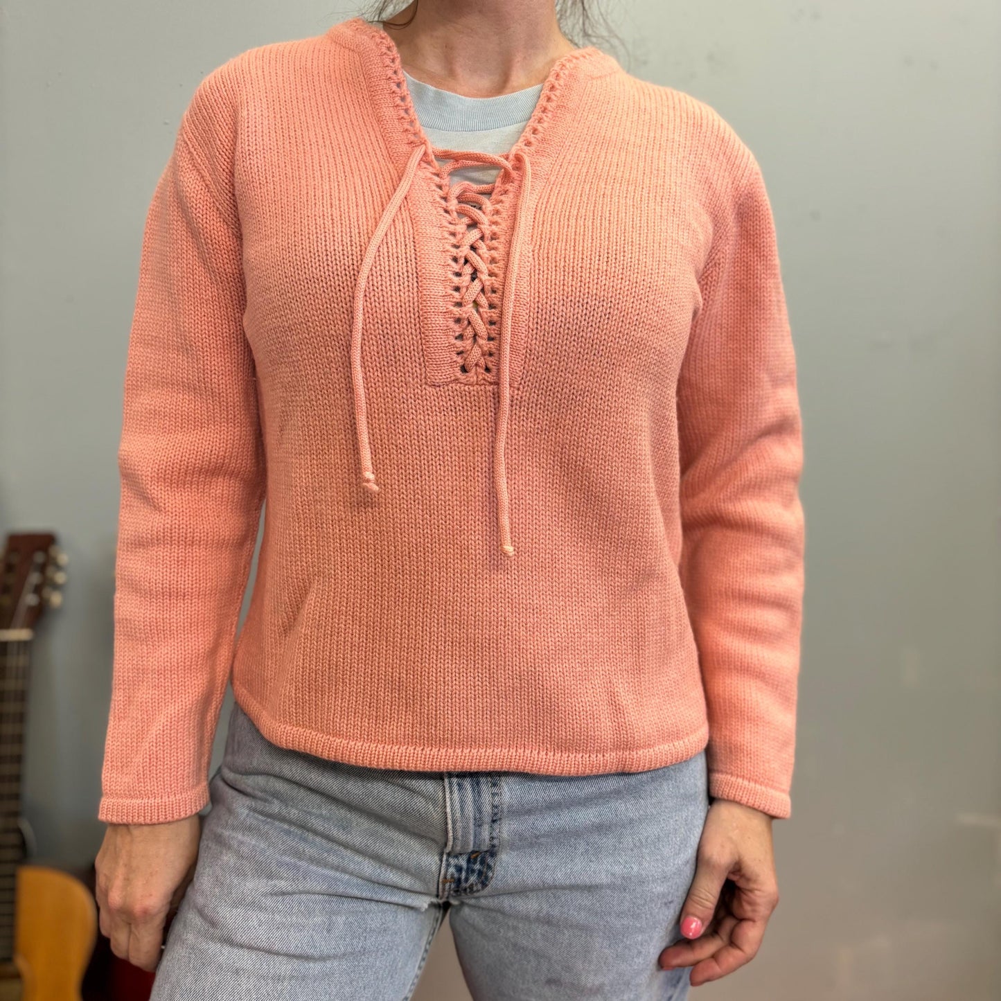 vtg 50s PEACH LACE UP Sweater // vintage pastel orange garland ruggle spun mid century preppy cute cozy wool blend knit jumper detailed trim
