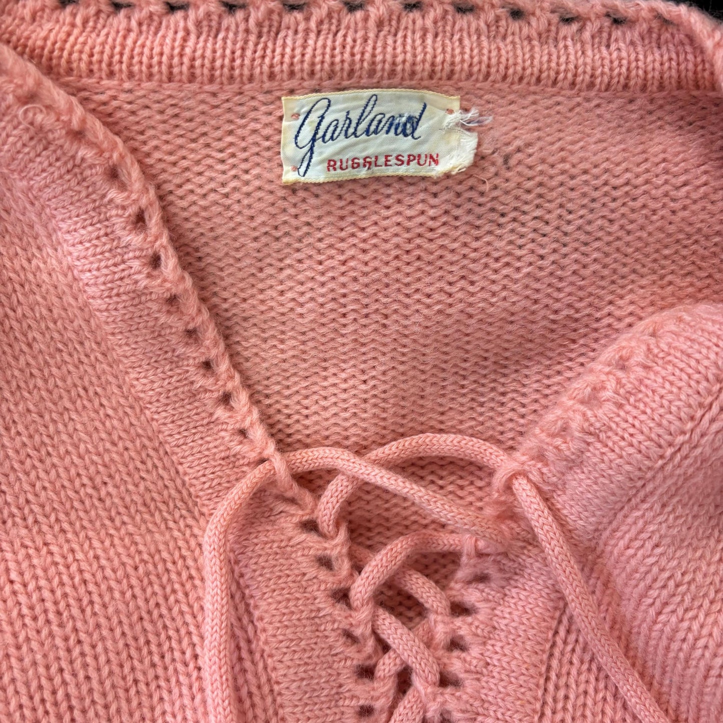 vtg 50s PEACH LACE UP Sweater // vintage pastel orange garland ruggle spun mid century preppy cute cozy wool blend knit jumper detailed trim