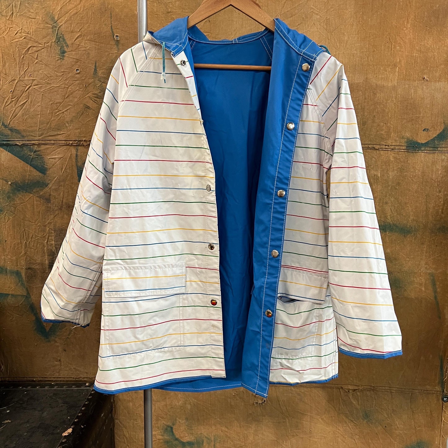 vtg RAINBOW STRIPED JACKET // vintage reversible striped hooded autumn stranger things 90s grunge pvc wet look shiny lightweight parka
