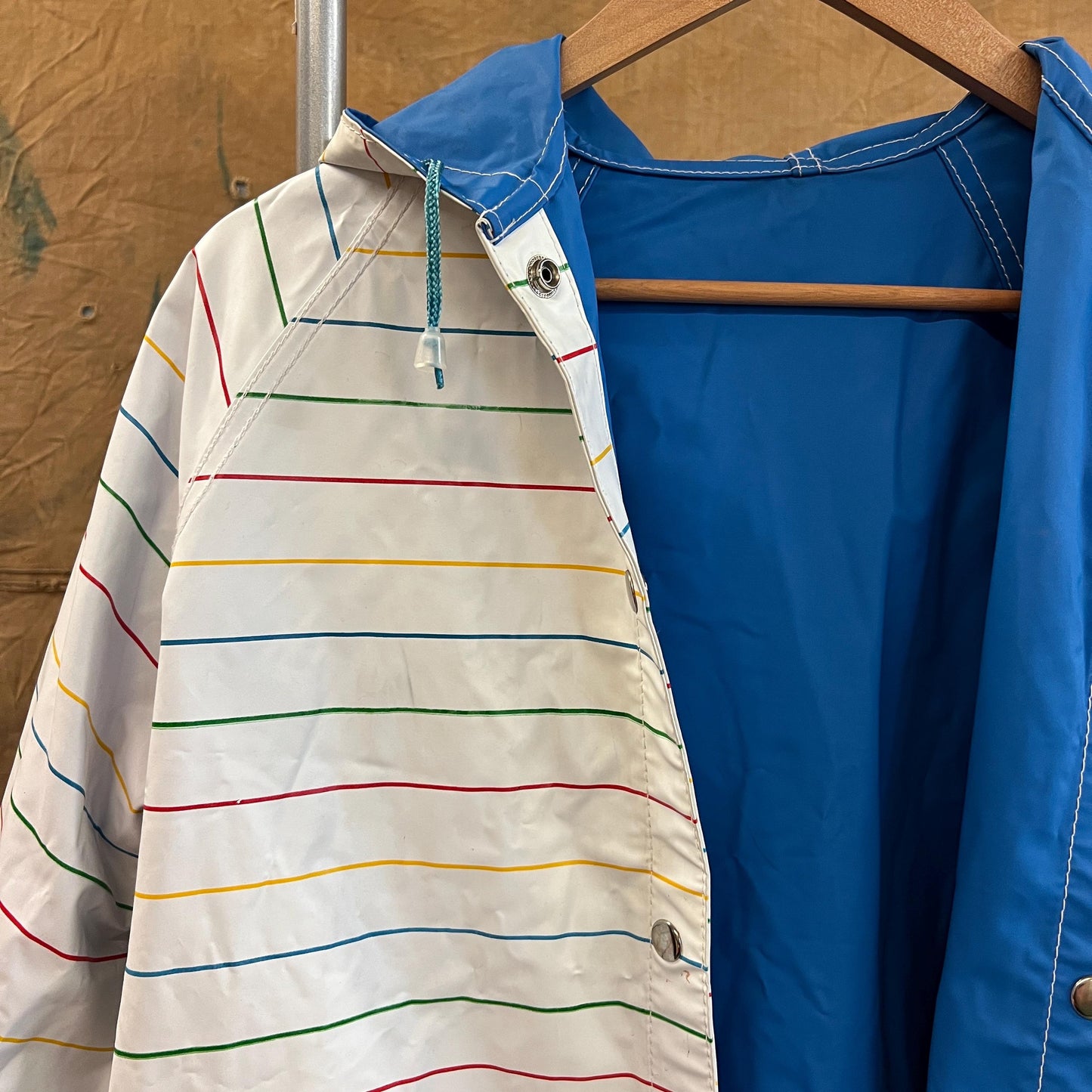 vtg RAINBOW STRIPED JACKET // vintage reversible striped hooded autumn stranger things 90s grunge pvc wet look shiny lightweight parka