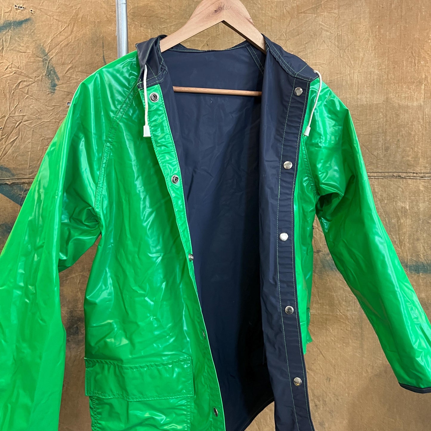 vtg 80s REVERSIBLE RAIN JACKET // vintage vinyl two tone hooded autumn stranger things 90s grunge pvc wet look green lightweight waterproof