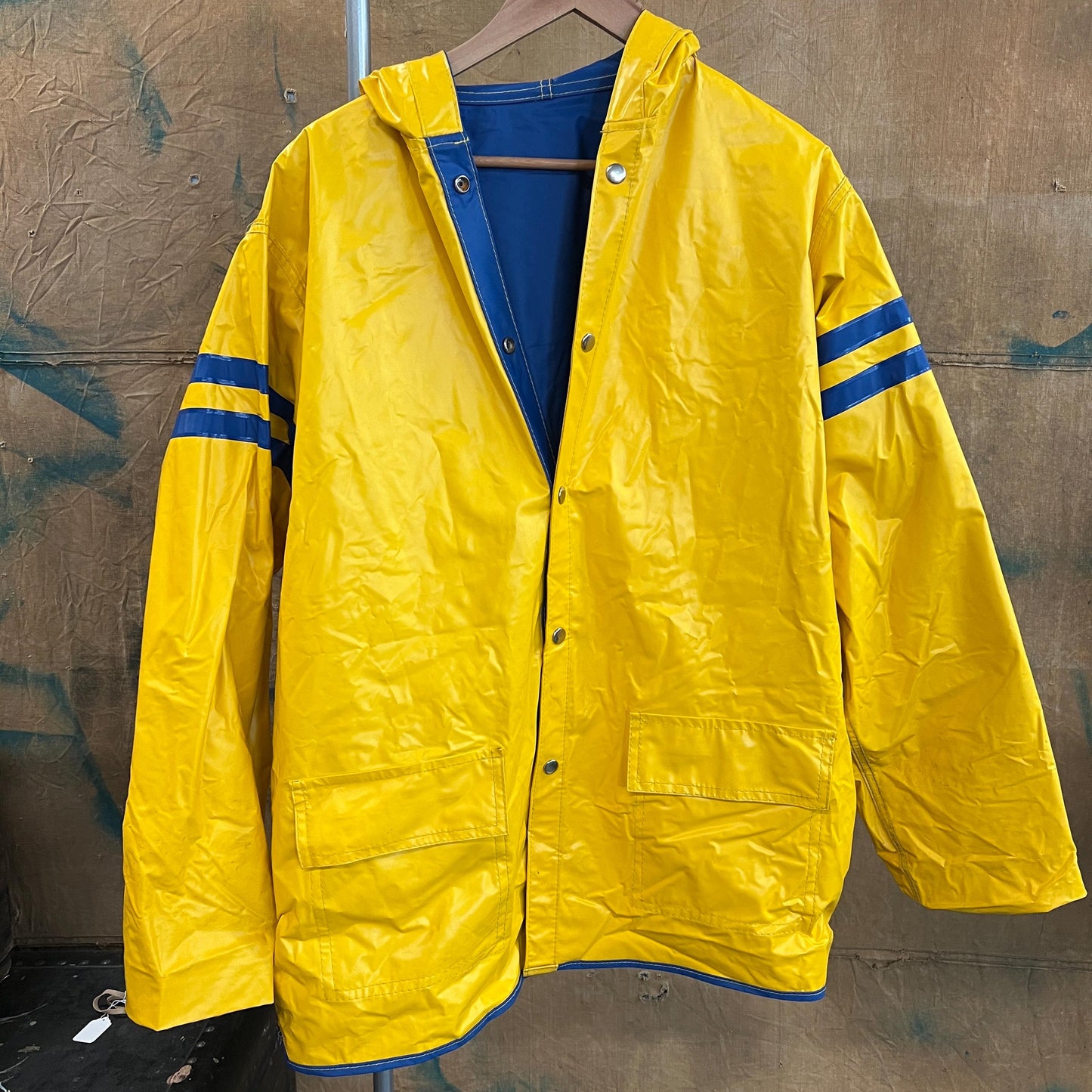 vtg 80s REVERSIBLE STRIPED JACKET // vintage yellow blue hooded autumn stranger things  pvc wet spielberg movie prop halloween pennywise