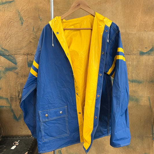 vtg 80s REVERSIBLE STRIPED JACKET // vintage yellow blue hooded autumn stranger things  pvc wet spielberg movie prop halloween pennywise