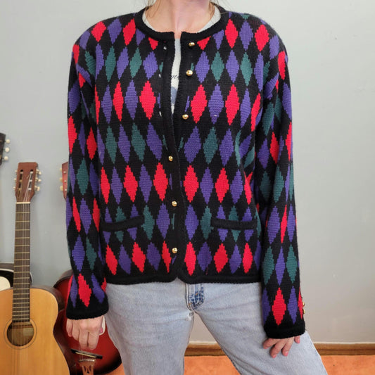 vtg ARGYLE PRINT CARDIGAN // bright neon multicolored diamond abstract patterned knit button up fitted cropped cute teacher sweater vintage