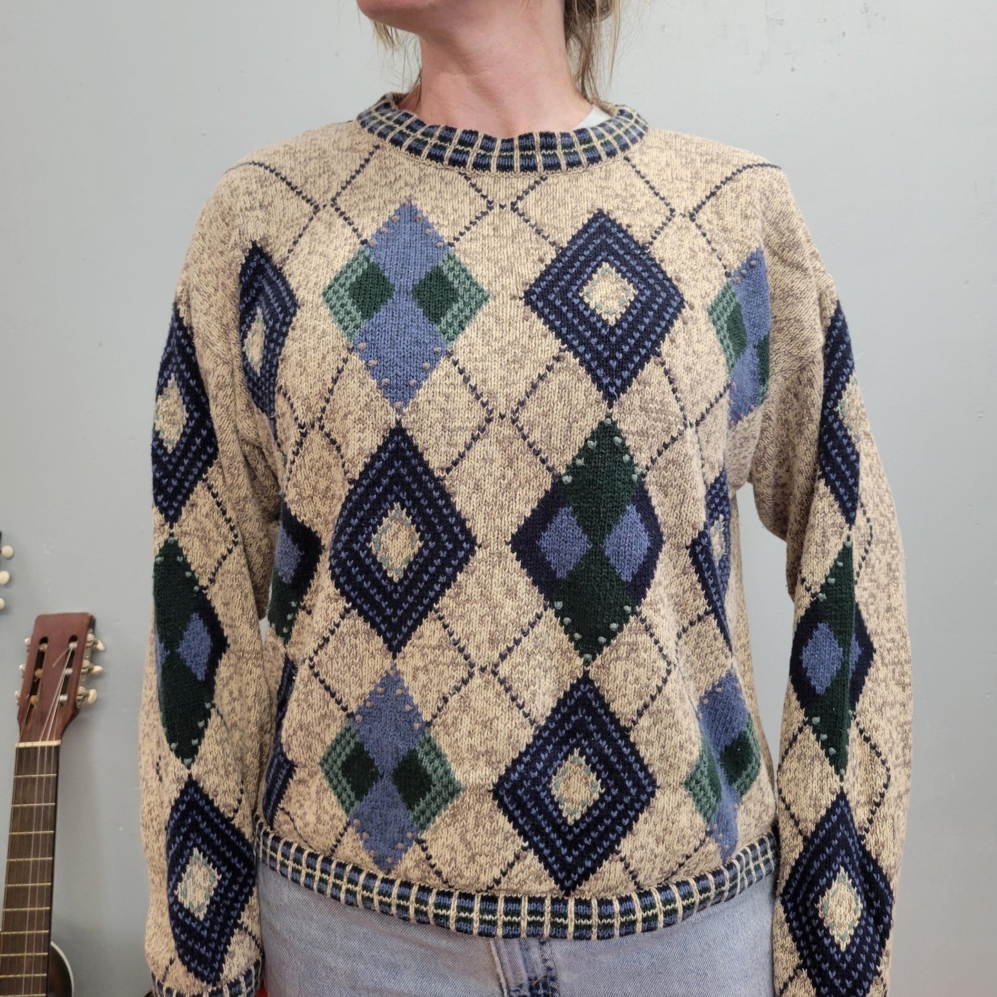 vtg 90s DIAMOND PRINT SWEATER // preppy argyle cable knit chunky checkered teacher cottage geometric pattern pullover jumper