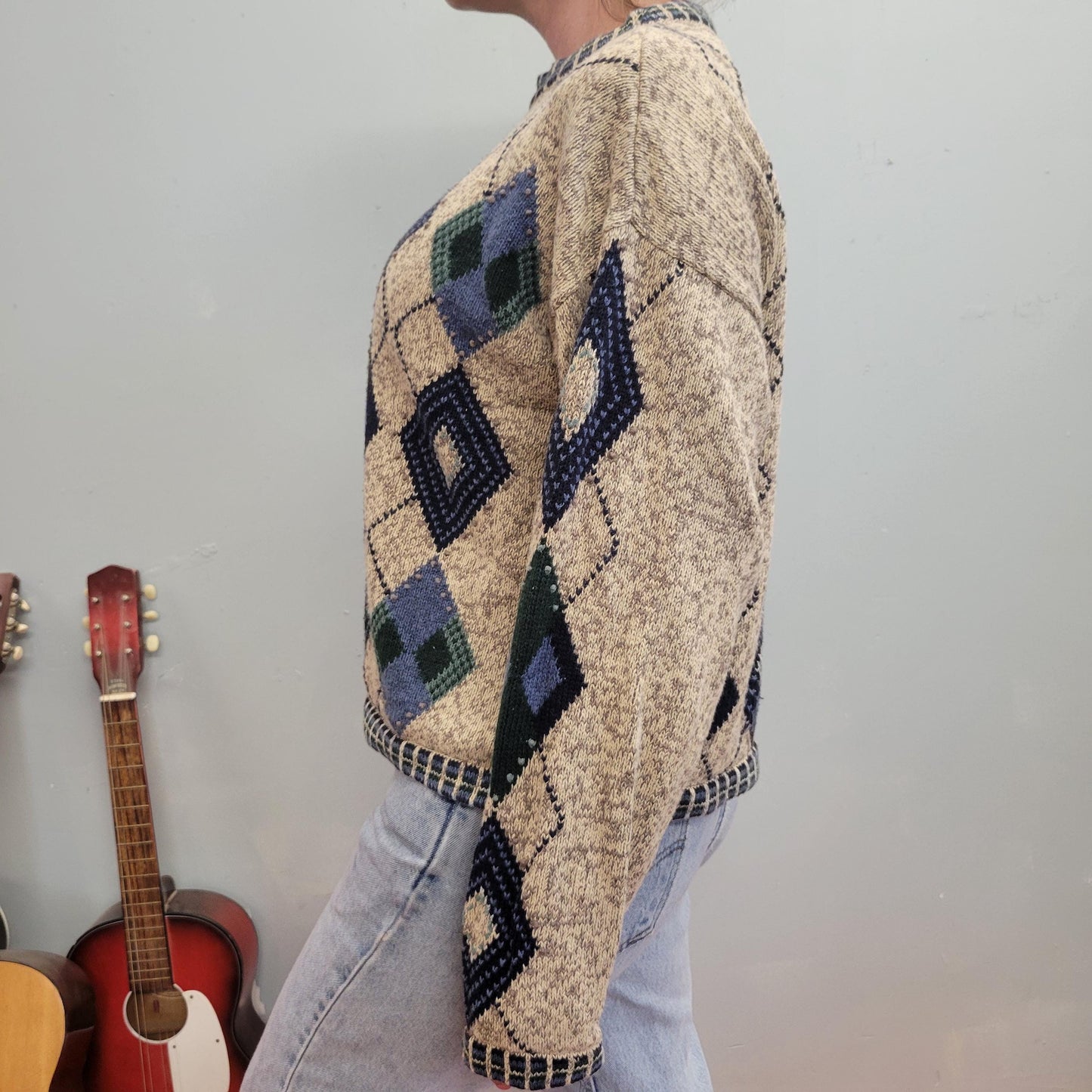 vtg 90s DIAMOND PRINT SWEATER // preppy argyle cable knit chunky checkered teacher cottage geometric pattern pullover jumper