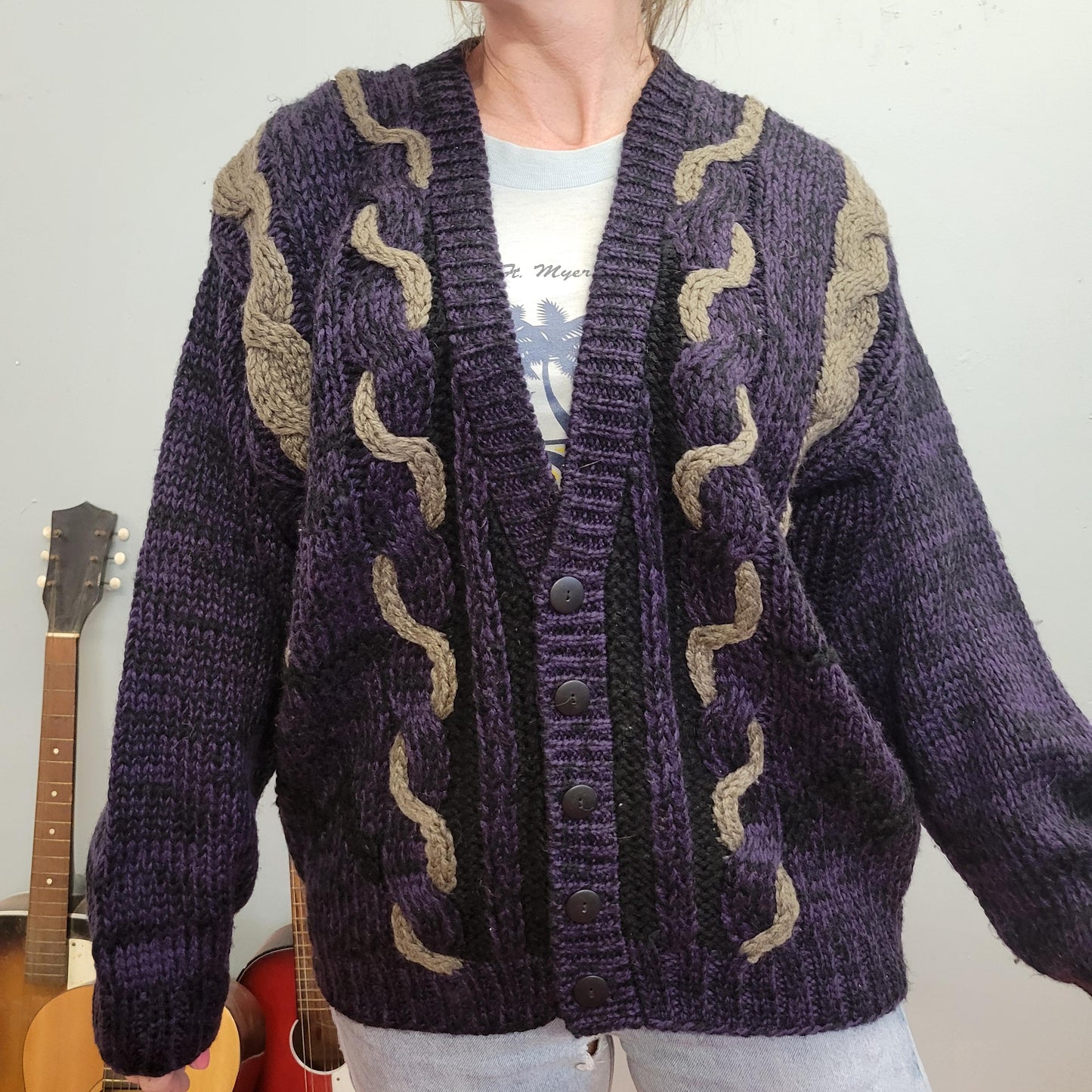 vtg 90s PURPLE KNIT CARDIGAN // black beige braided detail thick knit patterned preppy zig zag rockabilly grunge 90s chunky cable chunky