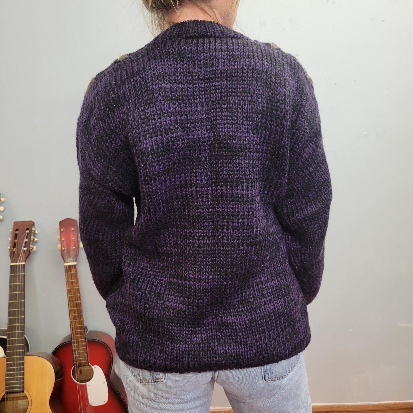 vtg 90s PURPLE KNIT CARDIGAN // black beige braided detail thick knit patterned preppy zig zag rockabilly grunge 90s chunky cable chunky