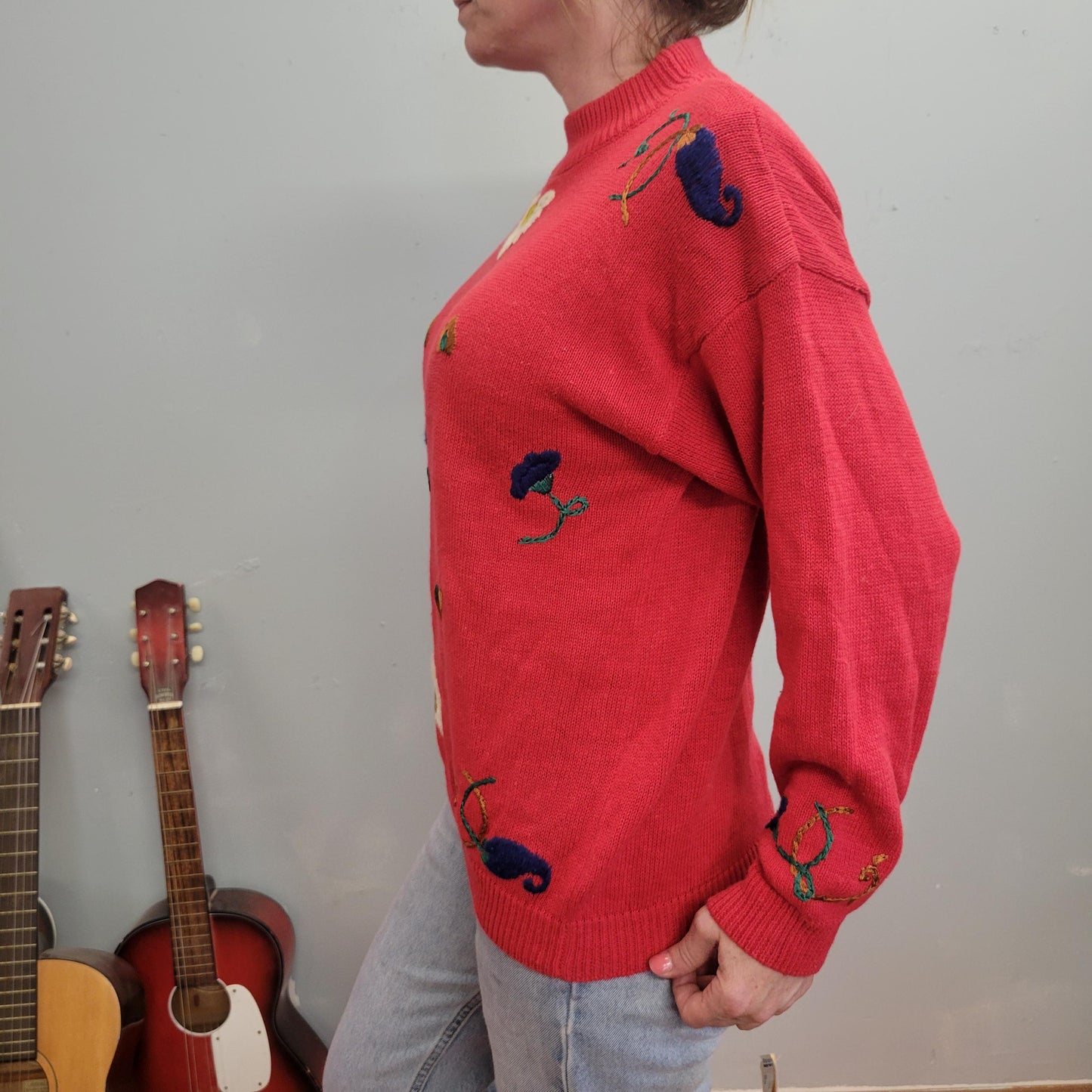 vtg 90s CHUNKY RED SWEATER // nos embroidered floral lightweight hearts and flowers teacher cottage american weekend vintage retro