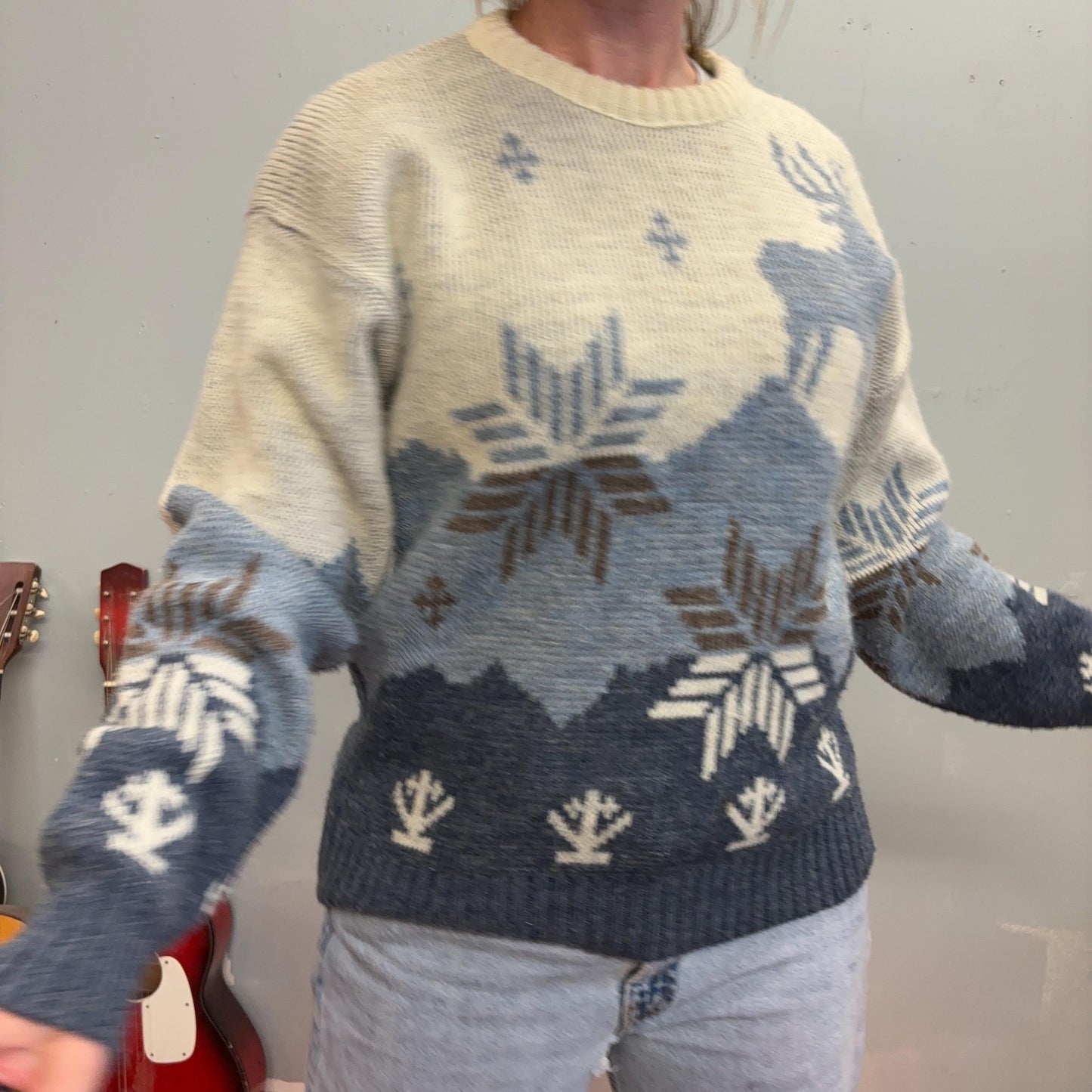 vtg 70s KNIT NORDIC SWEATER // vintage Le Tigre reindeer patterned snowy scene mountain print cute winter deer norway pastel snowflake