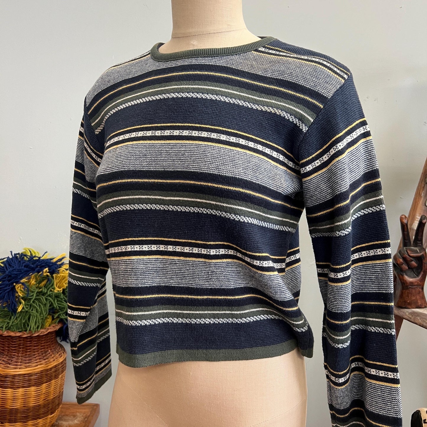 vtg 90s STRIPED CROPPED SWEATER // vintage absolutely by creative cotton medium ribbed knit cute blue yellow striped Y2K 90s girly grunge