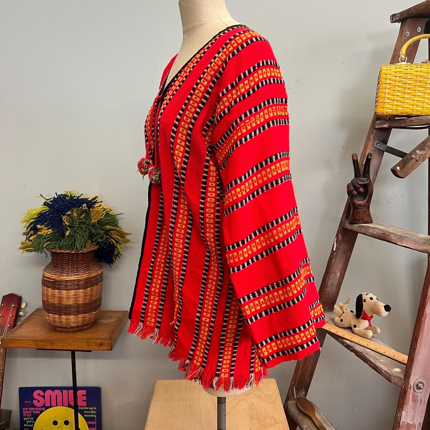 vtg 70s RED FRINGE SWEATER // vintage knit large tassel jacket retro hippie boho bohemian striped yogi guru artist style festive autumn vibe