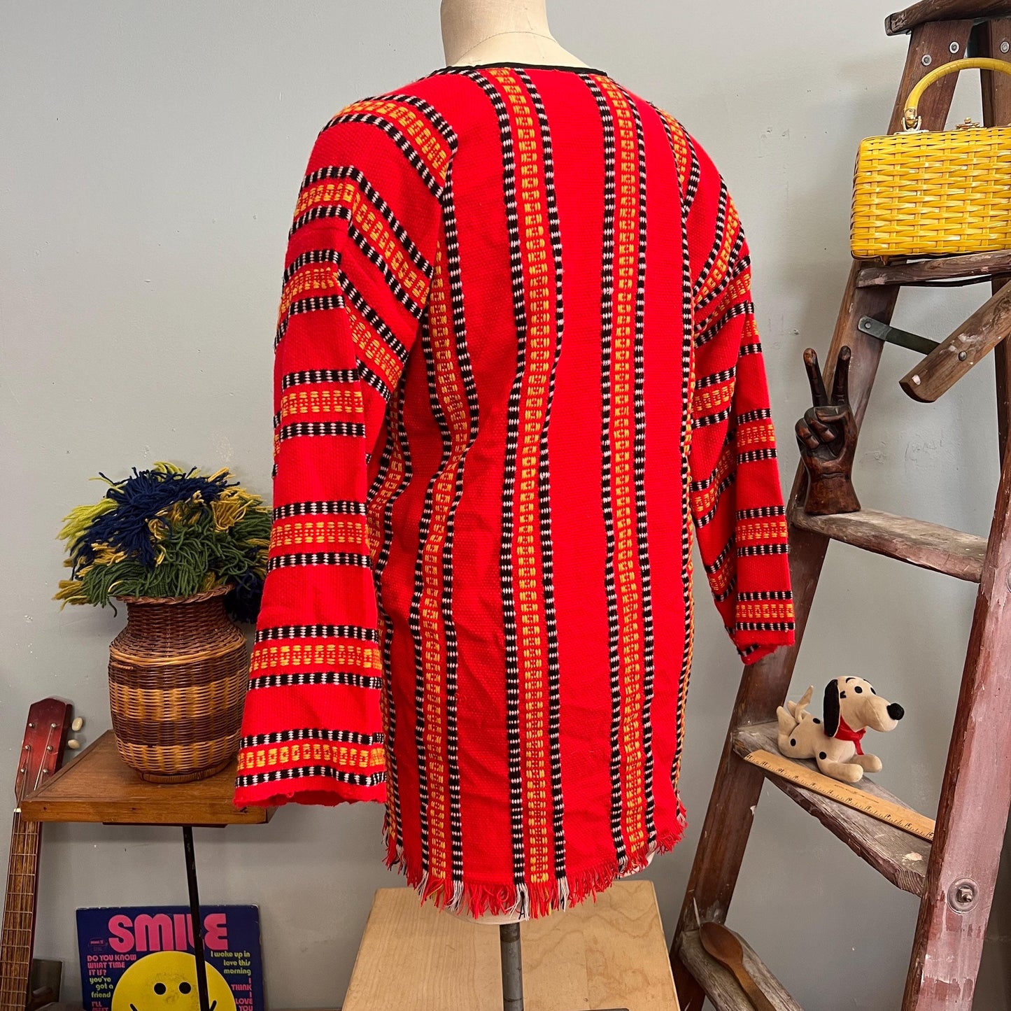 vtg 70s RED FRINGE SWEATER // vintage knit large tassel jacket retro hippie boho bohemian striped yogi guru artist style festive autumn vibe
