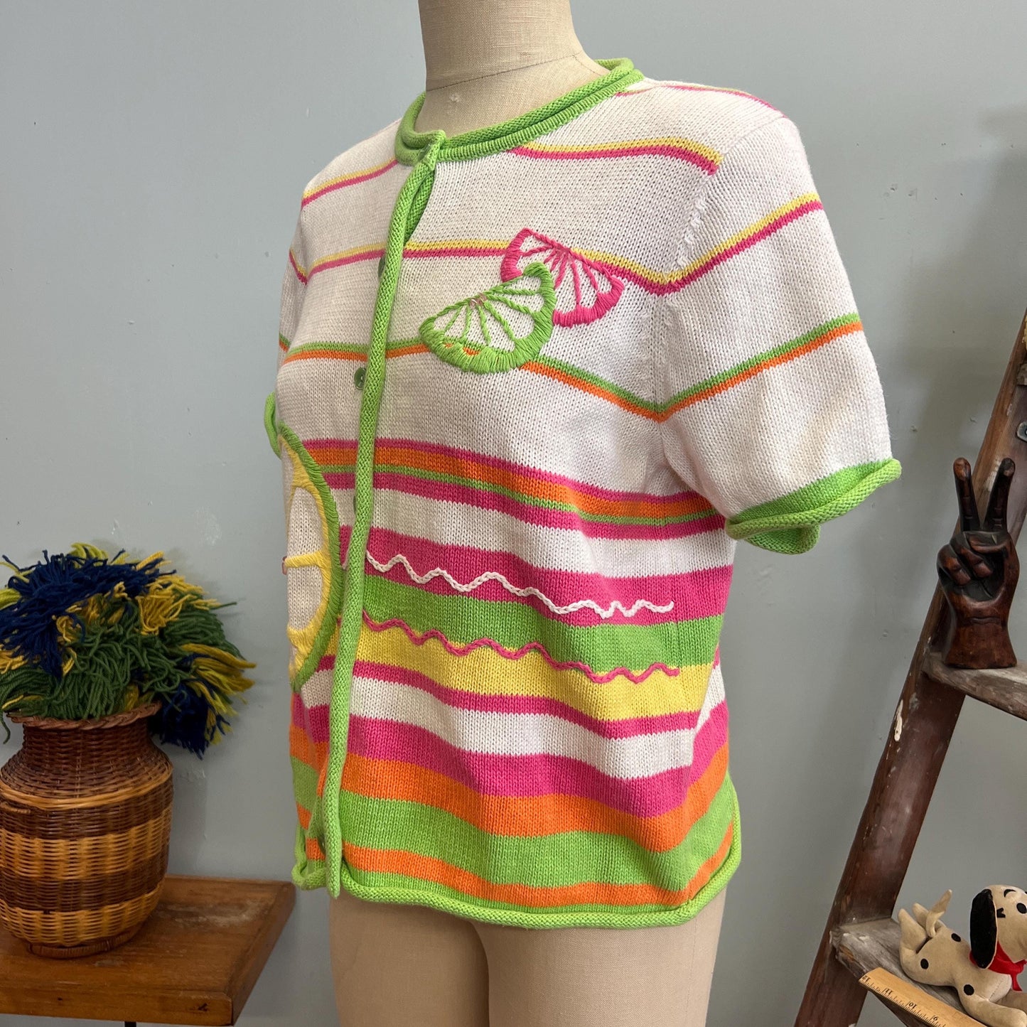 vtg 90s FRUIT SWEATER TOP // vintage Breckenridge petite small striped neon pop art lime & lemons short sleeve button up cardigan retro cute