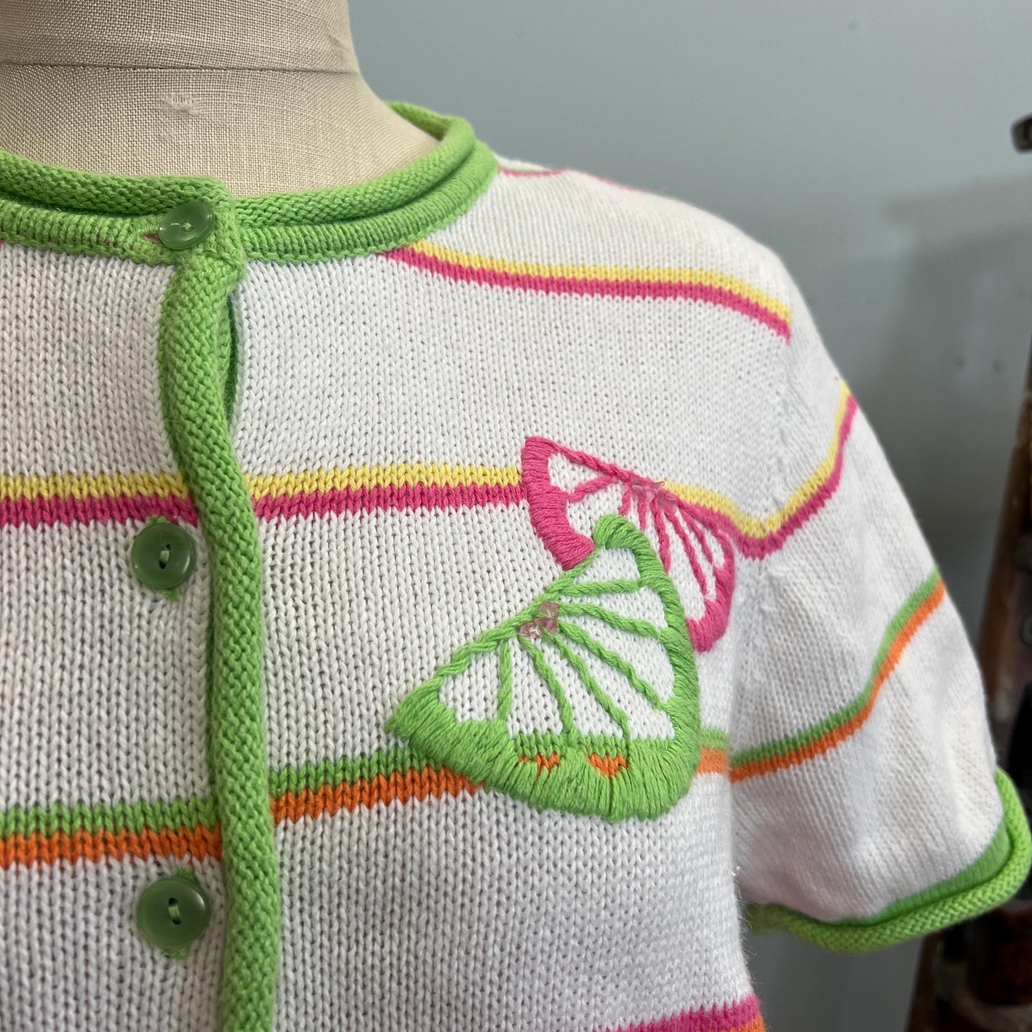 vtg 90s FRUIT SWEATER TOP // vintage Breckenridge petite small striped neon pop art lime & lemons short sleeve button up cardigan retro cute