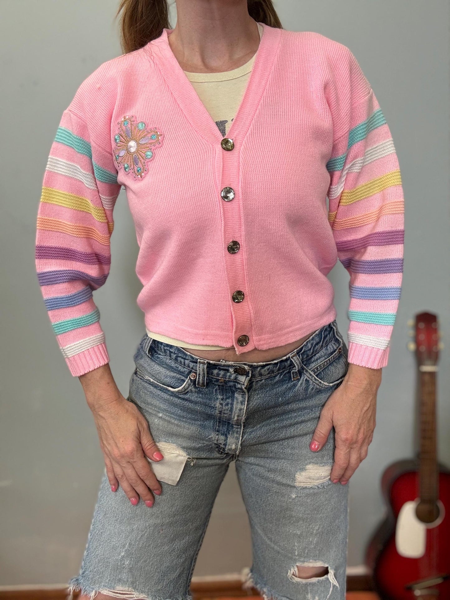 vtg 80s PASTEL STRIPED CARDIGAN // cute vintage girls rainbow striped baby pink cardigan bejeweled flower power lizzie mcguire spumoni fairy