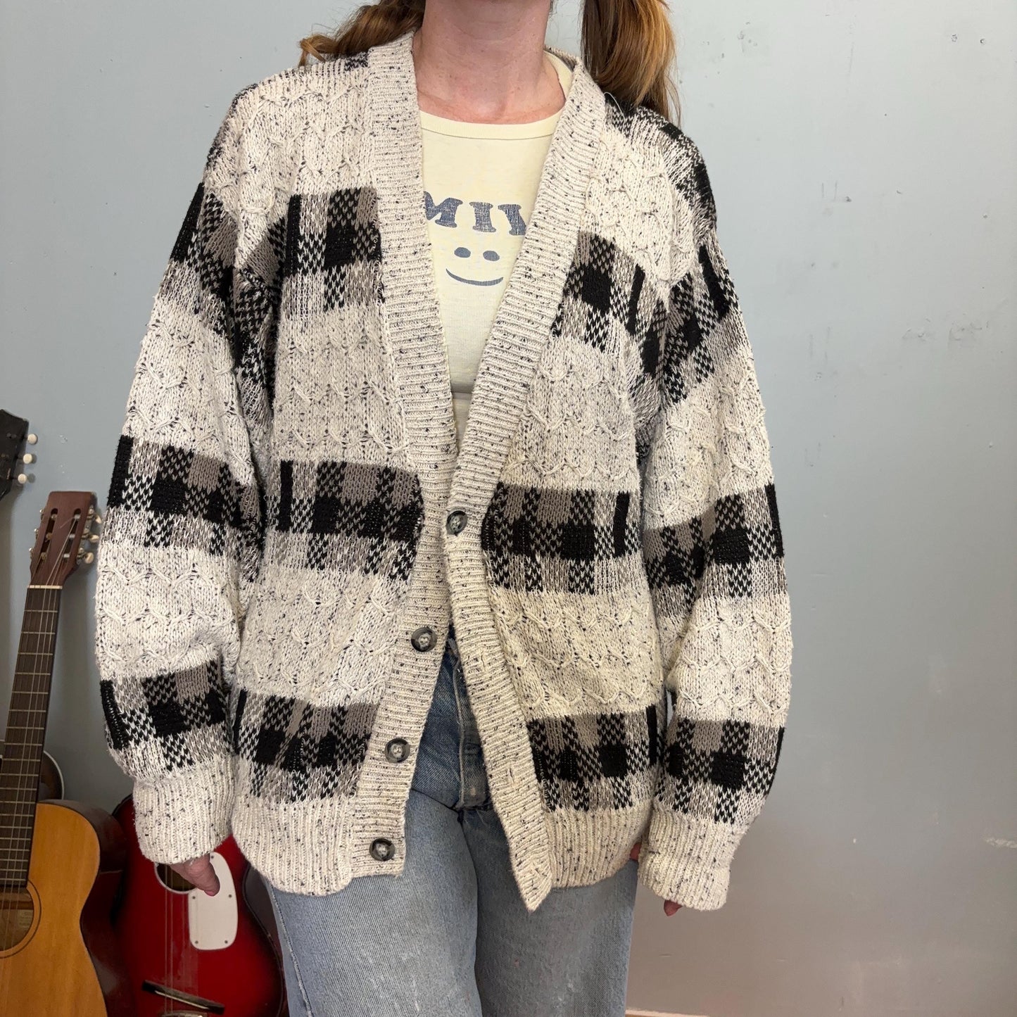 vtg 70s PLAID TEXTURED CARDIGAN // vintage neutral gray white heathered striped checkered cotton sweater oversized medium slouchy fit cozy