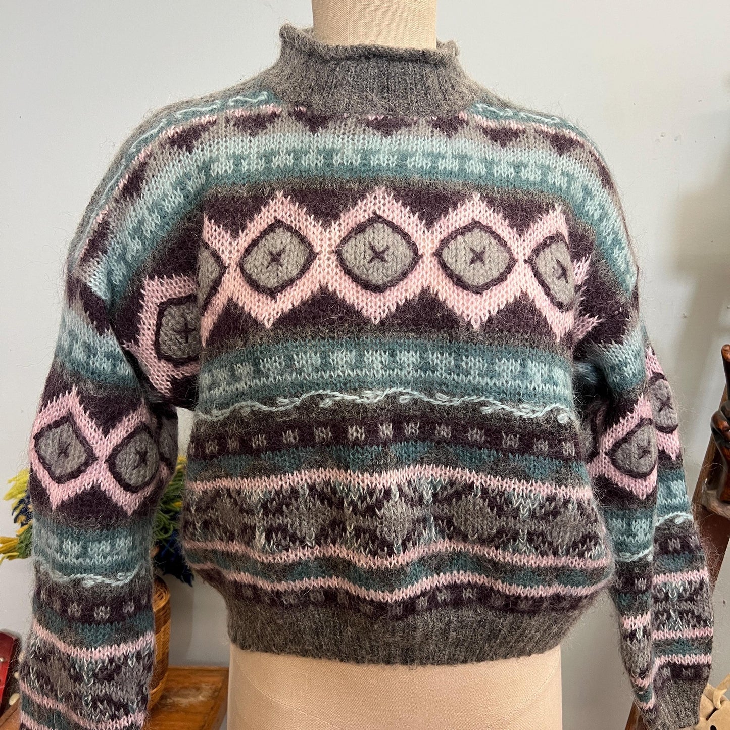 vtg 90s PATTERNED MOHAIR SWEATER // vintage Christopher & banks large geometric shaggy boxy knitwear striped pastel neutral tones preppy