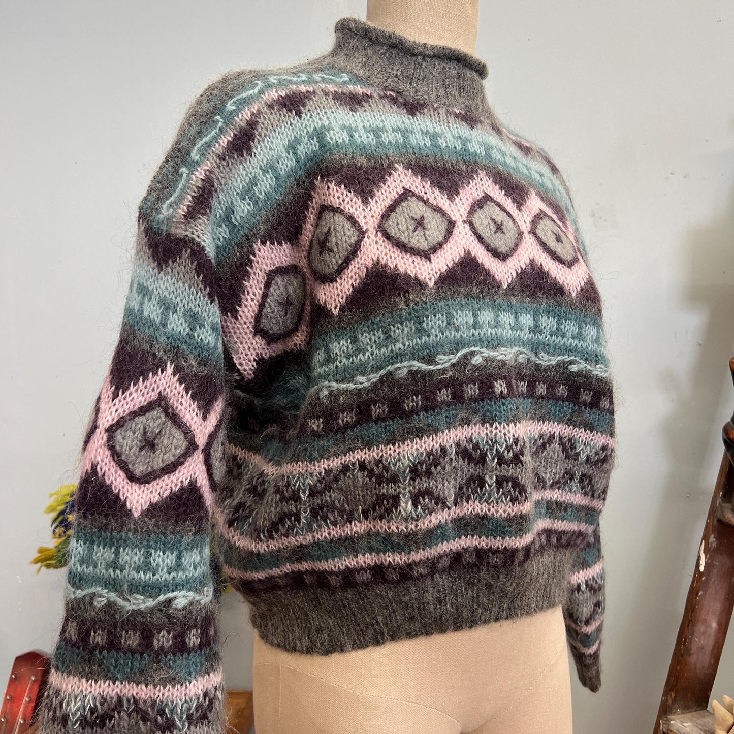 vtg 90s PATTERNED MOHAIR SWEATER // vintage Christopher & banks large geometric shaggy boxy knitwear striped pastel neutral tones preppy