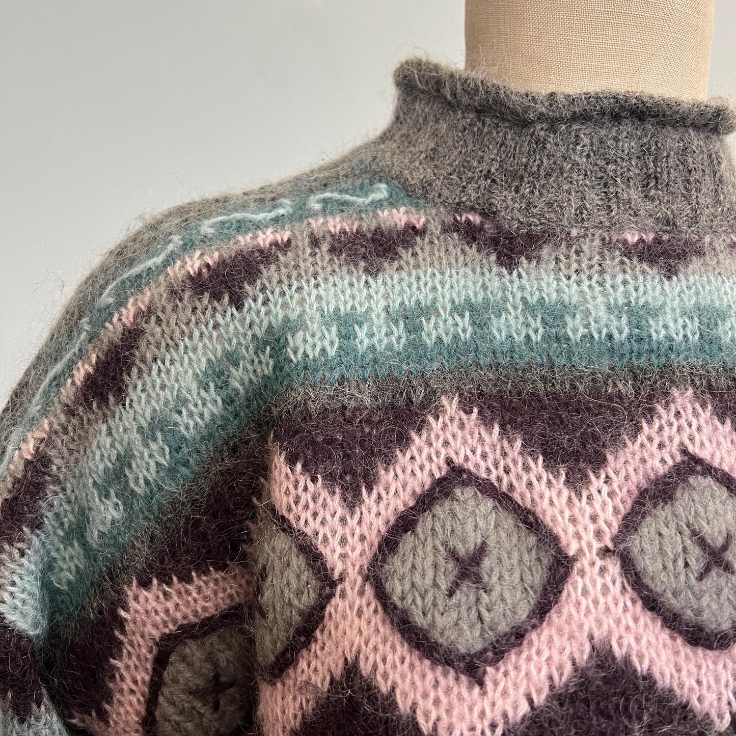 vtg 90s PATTERNED MOHAIR SWEATER // vintage Christopher & banks large geometric shaggy boxy knitwear striped pastel neutral tones preppy