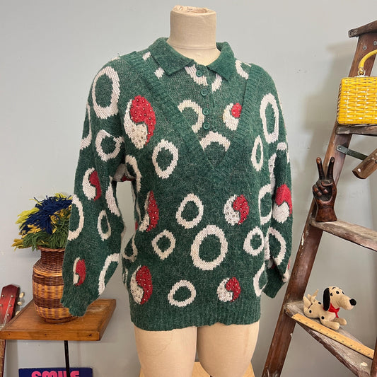 vtg 50s SEQUIN SWEATER // vintage Jupiter medium double sweater collared v neck attached under shirt yin yang sequin patterned atomic print