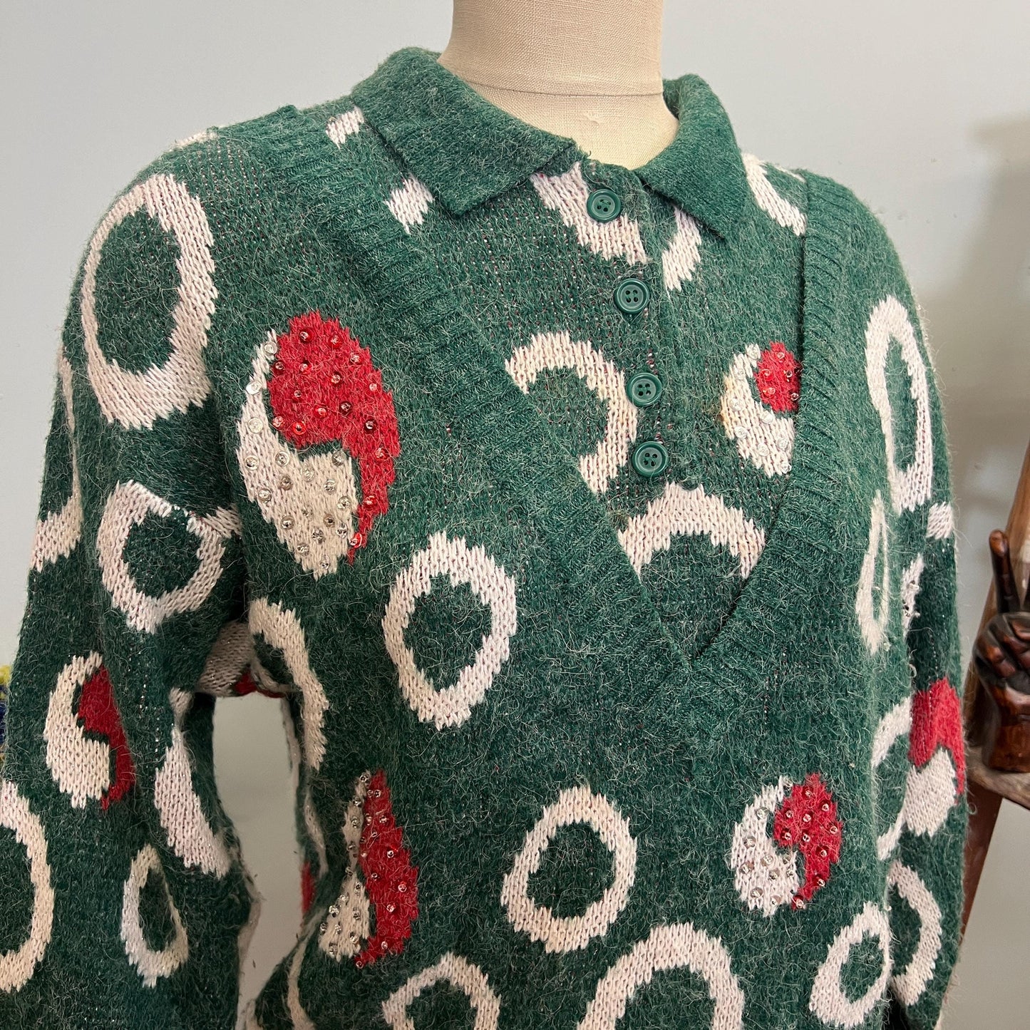 vtg 50s SEQUIN SWEATER // vintage Jupiter medium double sweater collared v neck attached under shirt yin yang sequin patterned atomic print