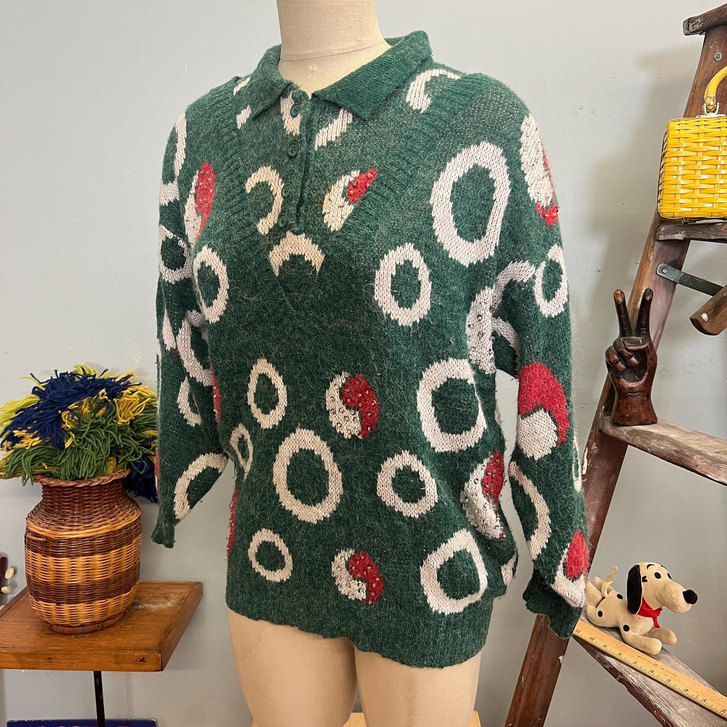 vtg 50s SEQUIN SWEATER // vintage Jupiter medium double sweater collared v neck attached under shirt yin yang sequin patterned atomic print