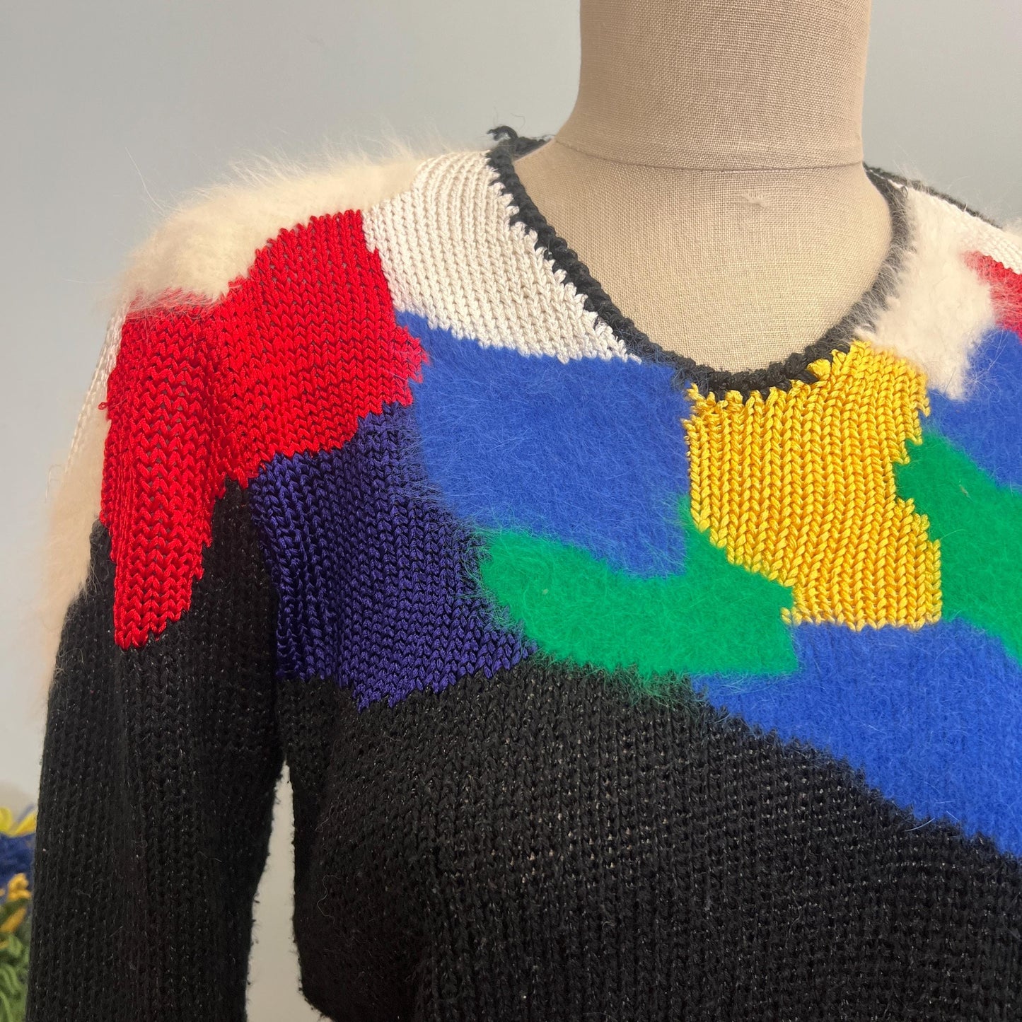 vtg 80s PATCHWORK FUR SWEATER // Lauren Cole petites medium angora abstract pattern rayon primary colors paint ribbed v neck funky iconic