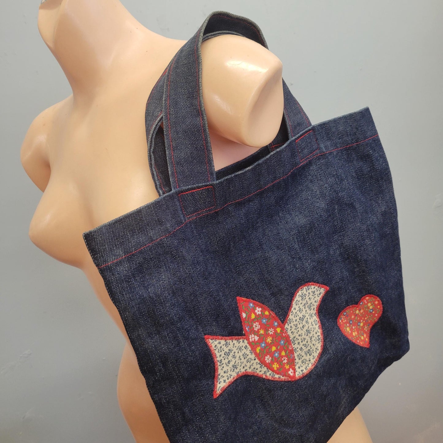 vtg 70s DENIM PATCHWORK BAG // vintage embroidered bird applique purse tote hippie retro woodstock repurposed jeans kitschy mod grocery bag