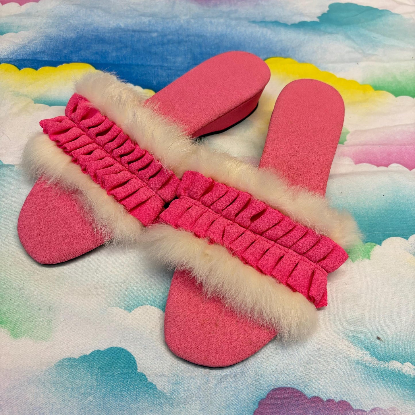 vtg 50s ANGORA TRIM SLIPPERS // pin up fur slippers textured satin and rabbit fur slip on shoes sexy hollywood glam dressing robe lingerie