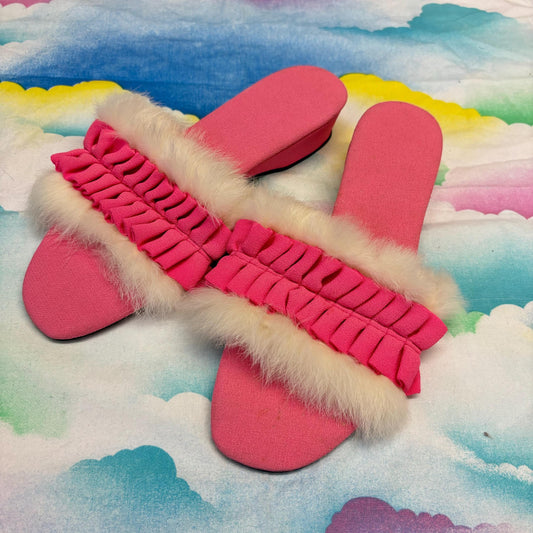 vtg 50s ANGORA TRIM SLIPPERS //  pin up fur slippers textured satin and rabbit fur slip on shoes sexy hollywood glam dressing robe lingerie