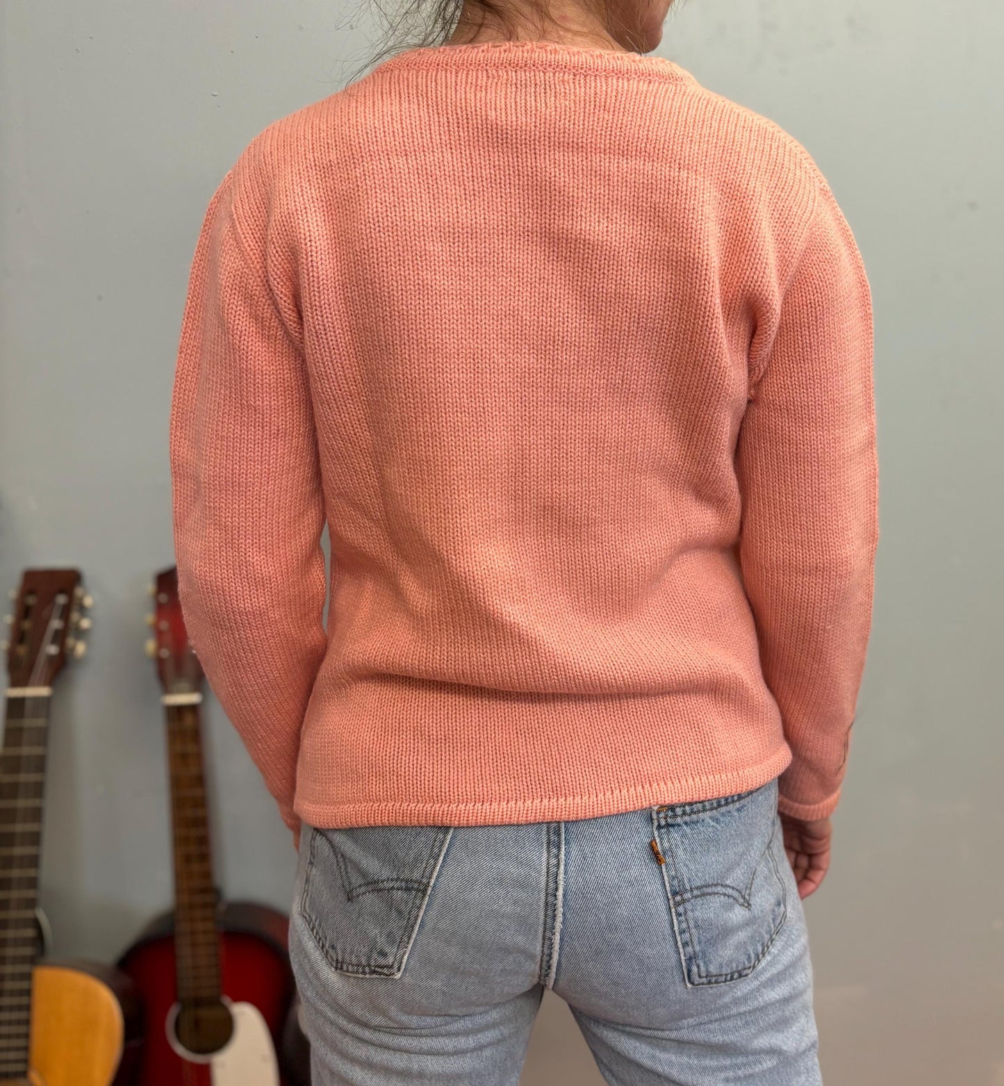 vtg 50s PEACH LACE UP Sweater // vintage pastel orange garland ruggle spun mid century preppy cute cozy wool blend knit jumper detailed trim