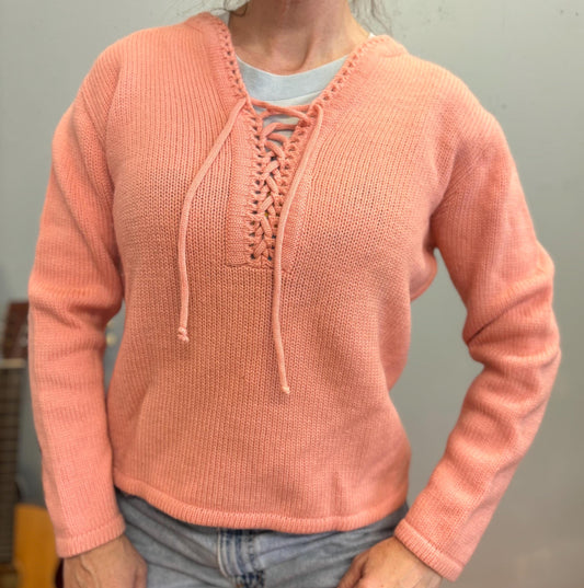 vtg 50s PEACH LACE UP Sweater // vintage pastel orange garland ruggle spun mid century preppy cute cozy wool blend knit jumper detailed trim