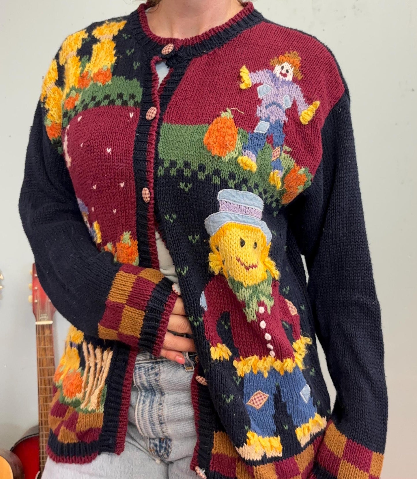 vtg 80s SCARECROW KNIT CARDIGAN // vintage hand knit autumn fall harvest scene halloween patterned soft sweater happy face eagles eye style