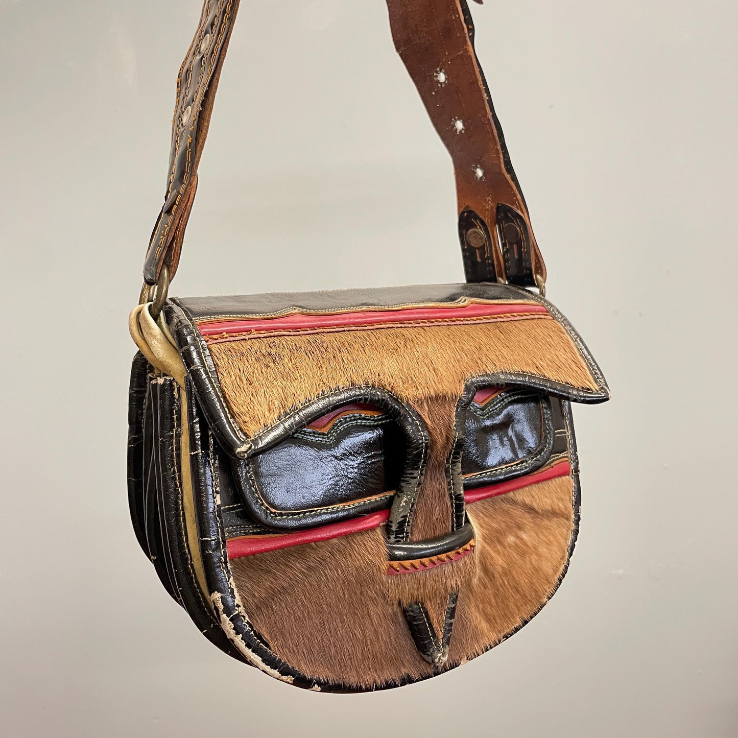 vtg 70s LEATHER & FUR SATCHEL // vintage rustic colombia nutria fur buckle purse western hippie retro messenger crossbody unisex handbag