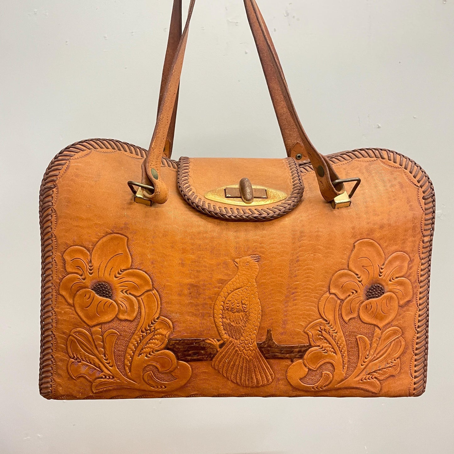 vtg 70s LEATHER BIRD BAG // vintage hand tooled floral 3d structured top handle boho hippie woodstock era personalized "Jean" large birkin