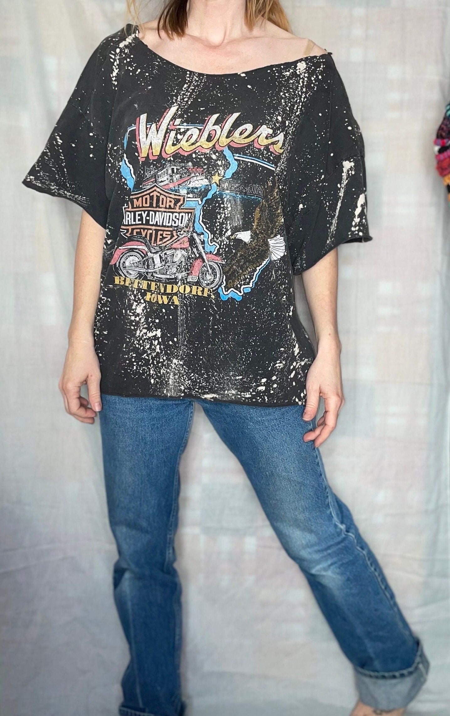 vtg 90s HARLEY DAVIDSON TEE // vintage fat boys rule biker babe cut oversized slouchy grunge ironic hipster off the shoulder sexy cropped