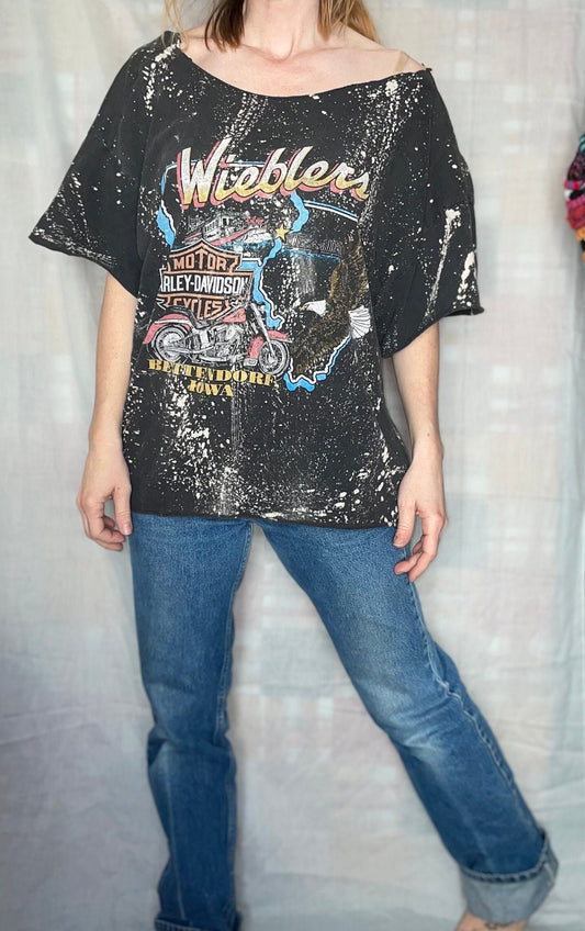 vtg 90s HARLEY DAVIDSON TEE // vintage fat boys rule biker babe cut oversized slouchy grunge ironic hipster off the shoulder sexy cropped