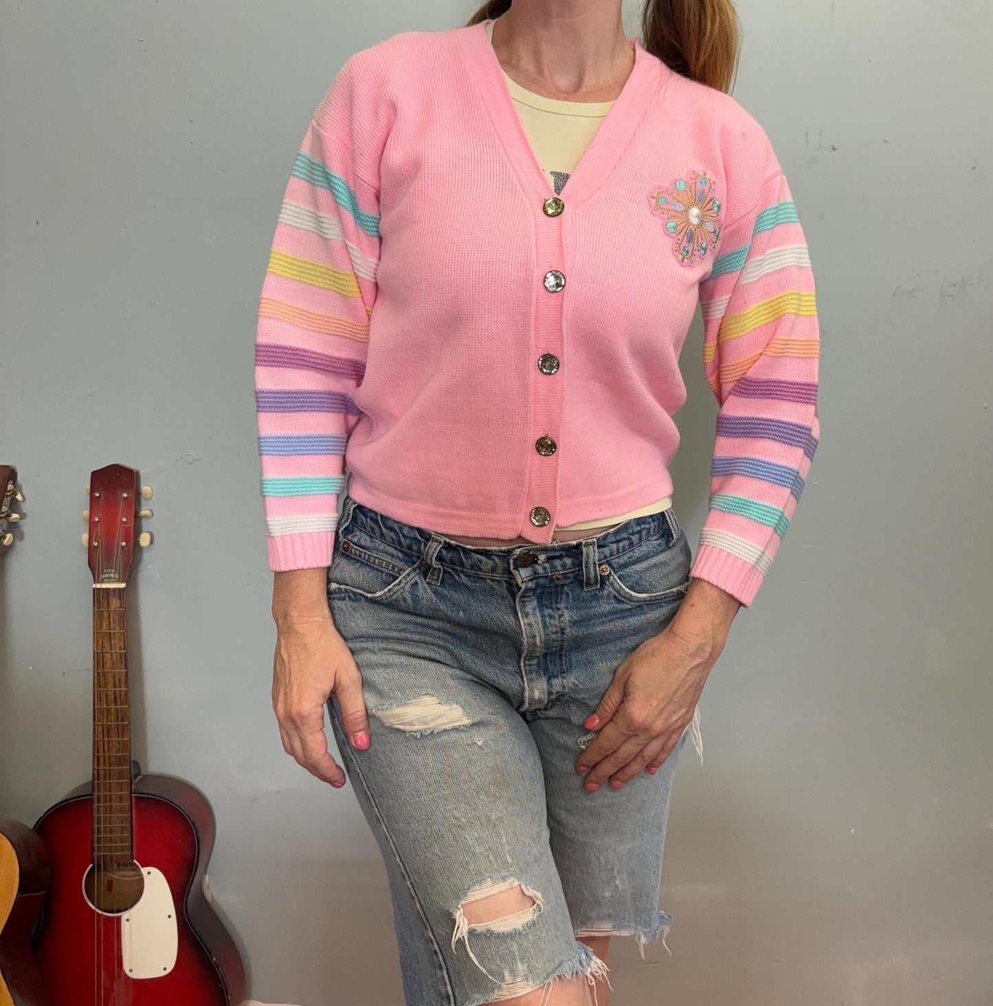 vtg 80s PASTEL STRIPED CARDIGAN // cute vintage girls rainbow striped baby pink cardigan bejeweled flower power lizzie mcguire spumoni fairy