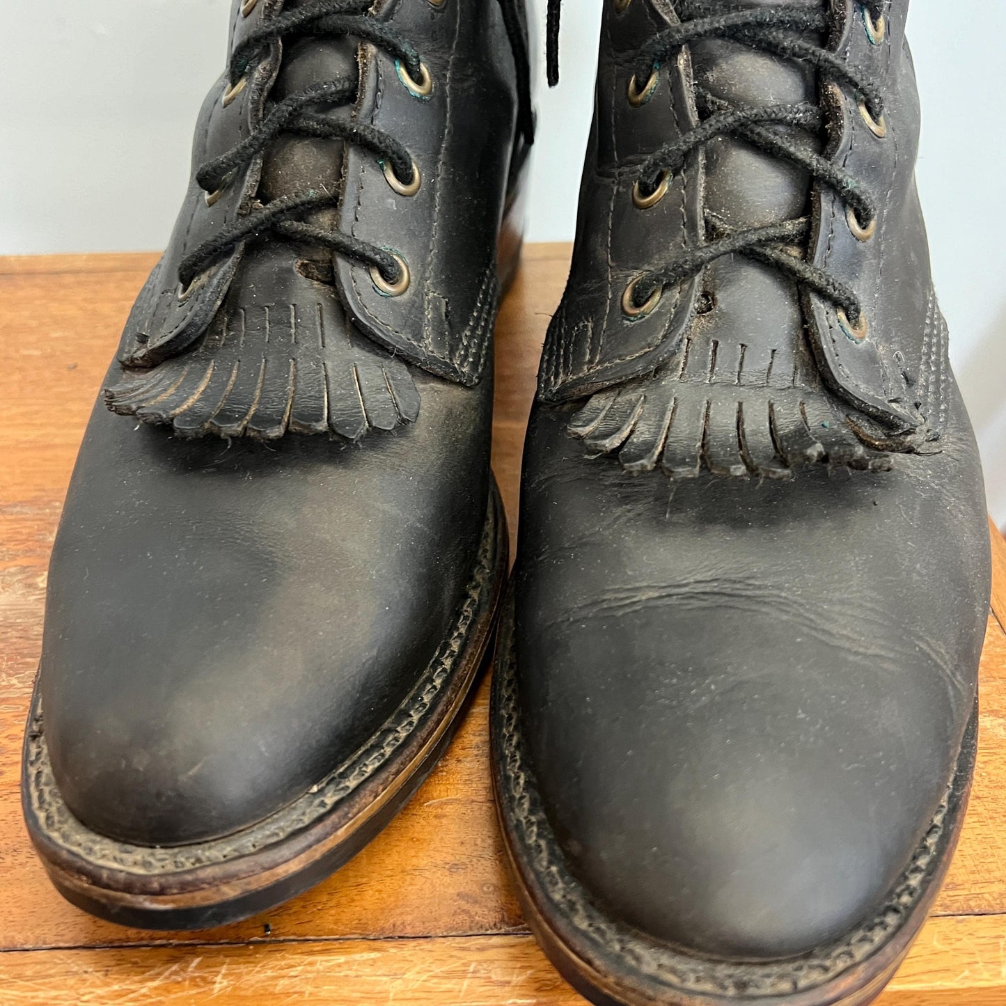 vtg 80s LEATHER FRINGE BOOTS // vintage santa fe lace roper matte black boots wooden heel skinny ankle rounded pointy platform witch style