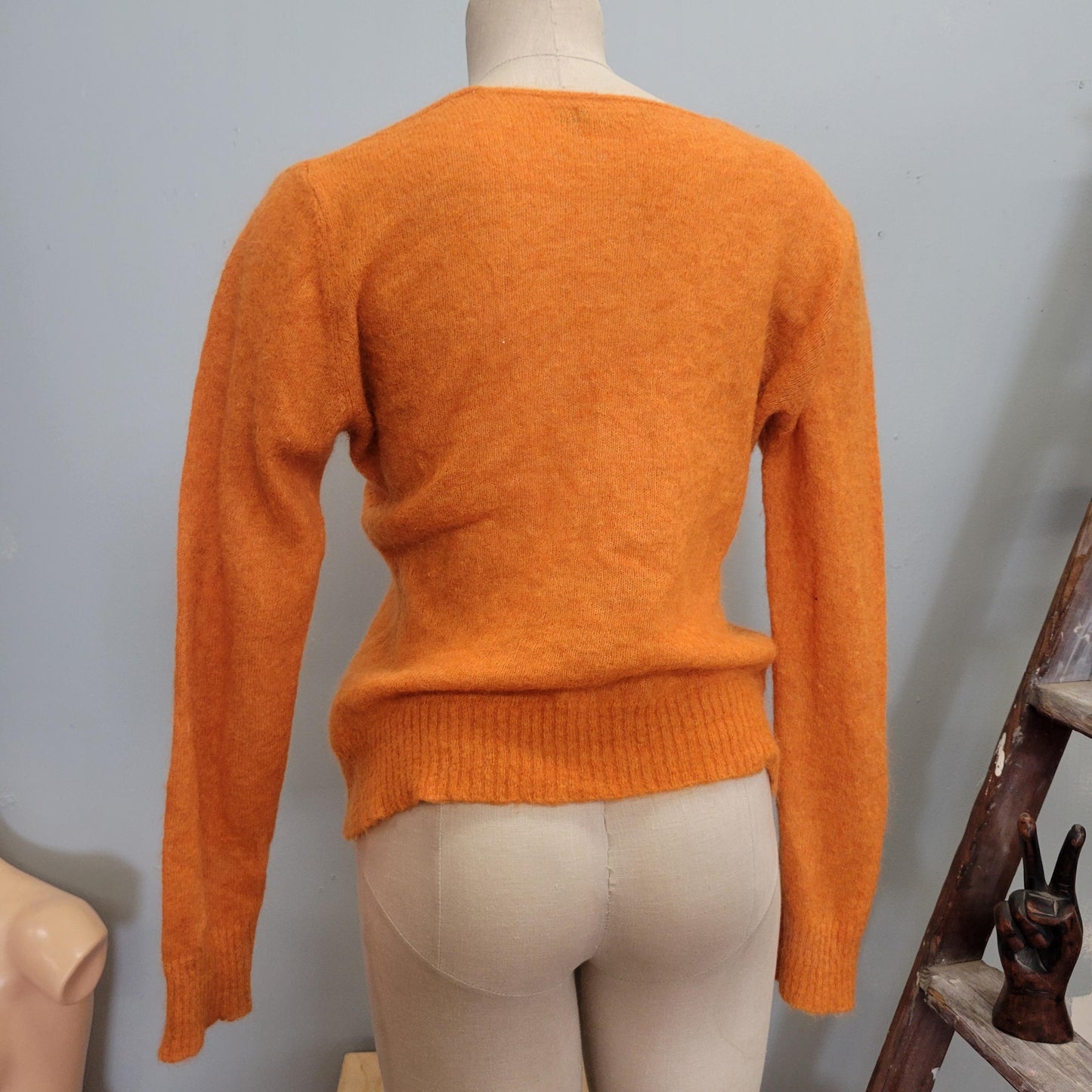 Vtg ORANGE SHERBET MOHAIR Sweater // vintage fuzzy pastel v neck fitted cropped top scoop neck autumn halloween vibes tight lightweight top