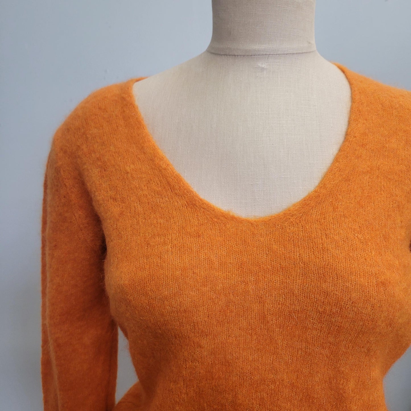 Vtg ORANGE SHERBET MOHAIR Sweater // vintage fuzzy pastel v neck fitted cropped top scoop neck autumn halloween vibes tight lightweight top