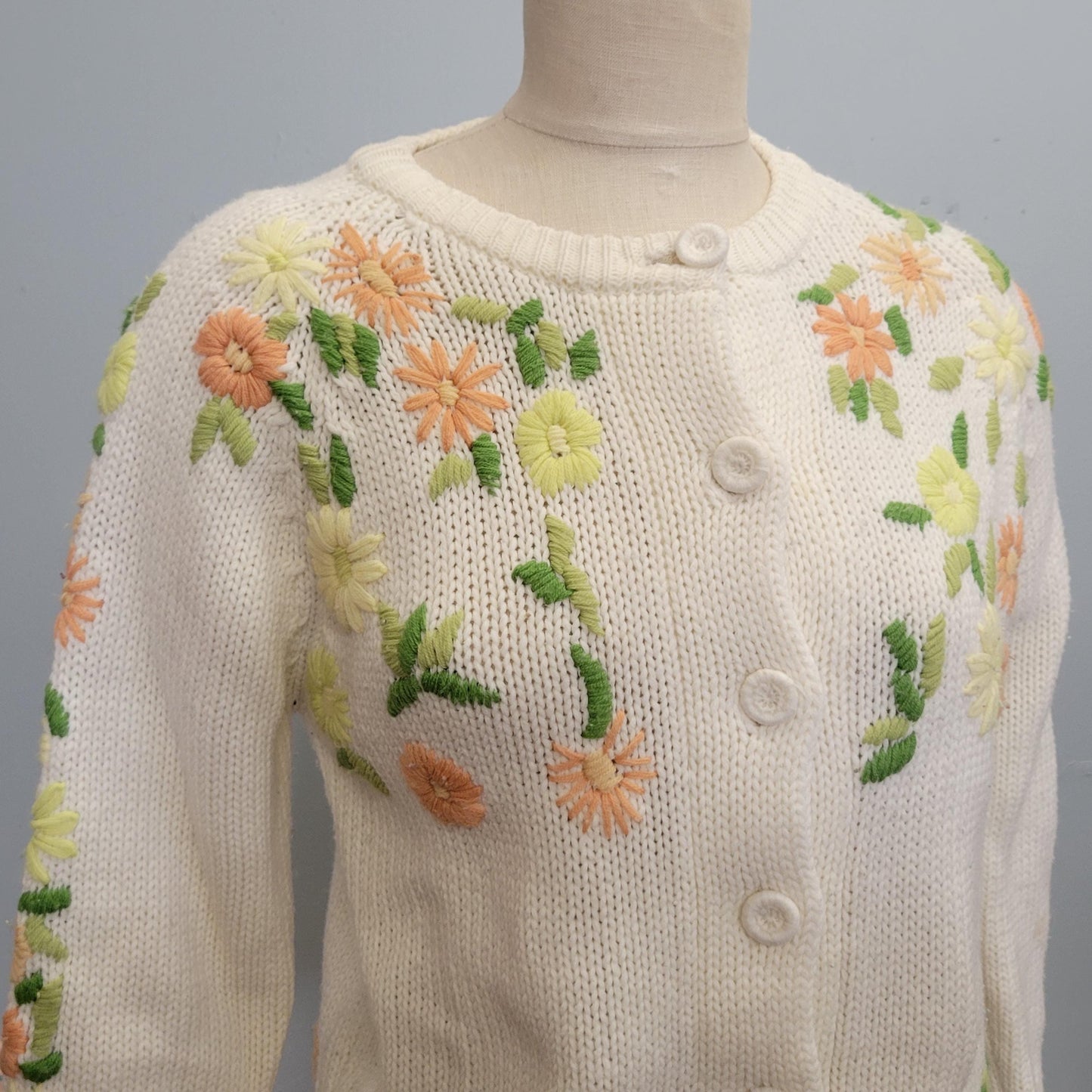 vtg 60s FLORAL EMBROIDERED CARDIGAN / vintage cute pastel bouquet pattern white knit acrylic button up sweet innocent teacher style autumn