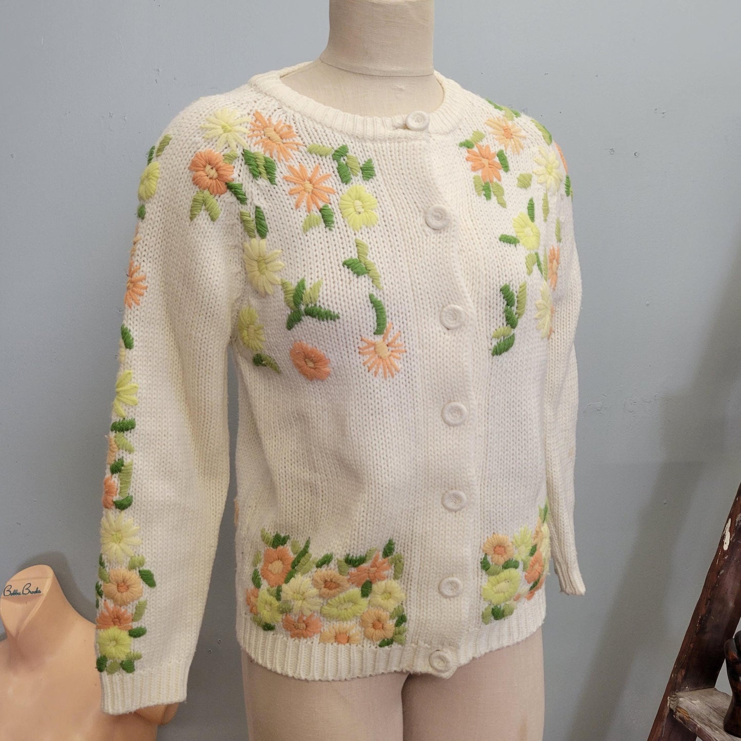 vtg 60s FLORAL EMBROIDERED CARDIGAN / vintage cute pastel bouquet pattern white knit acrylic button up sweet innocent teacher style autumn
