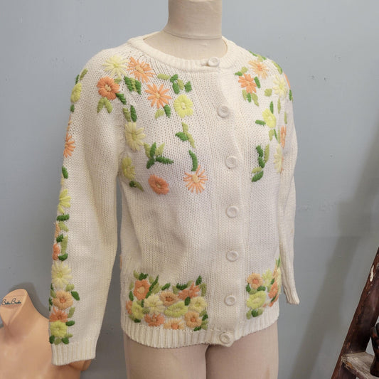 vtg 60s FLORAL EMBROIDERED CARDIGAN / vintage cute pastel bouquet pattern white knit acrylic button up sweet innocent teacher style autumn