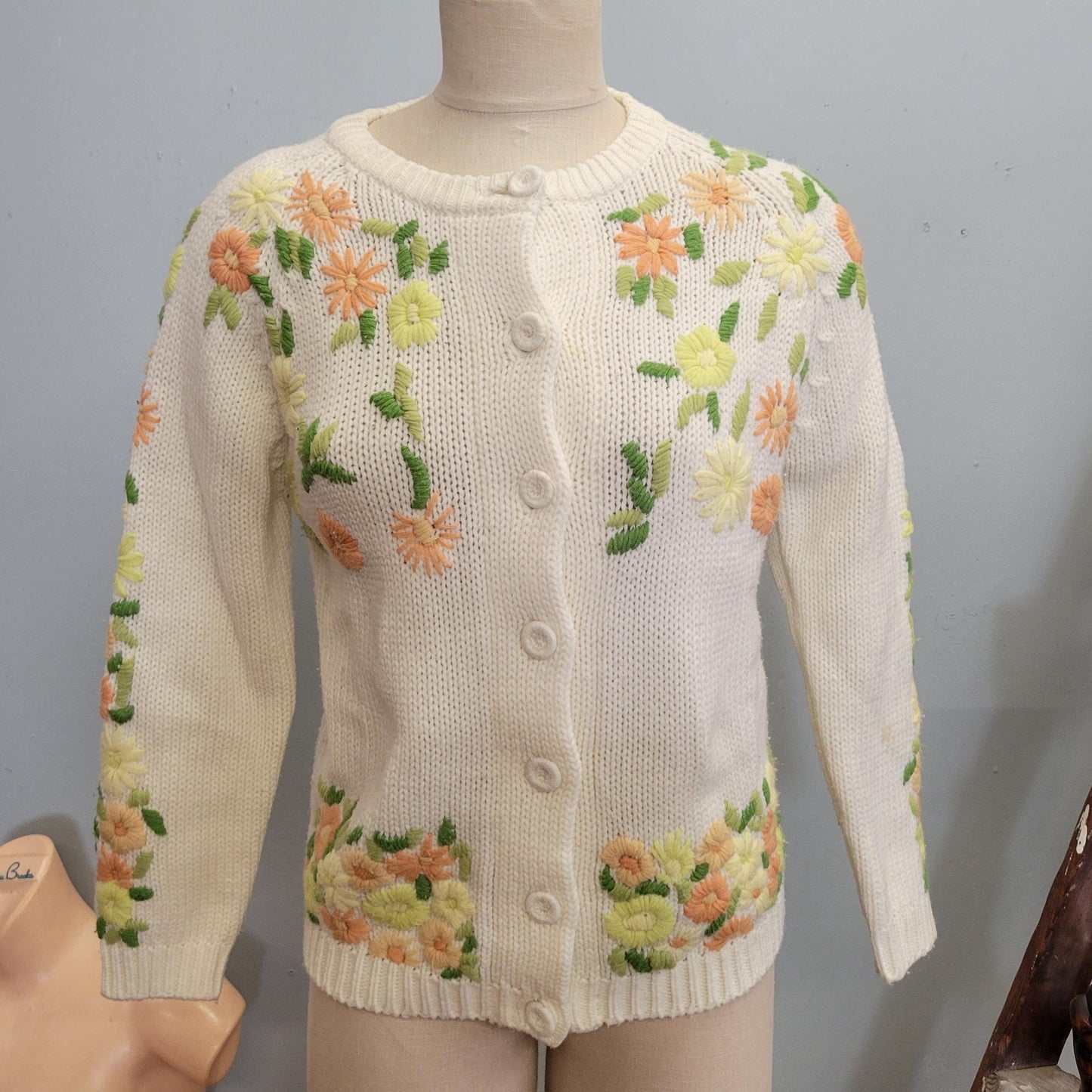 vtg 60s FLORAL EMBROIDERED CARDIGAN / vintage cute pastel bouquet pattern white knit acrylic button up sweet innocent teacher style autumn