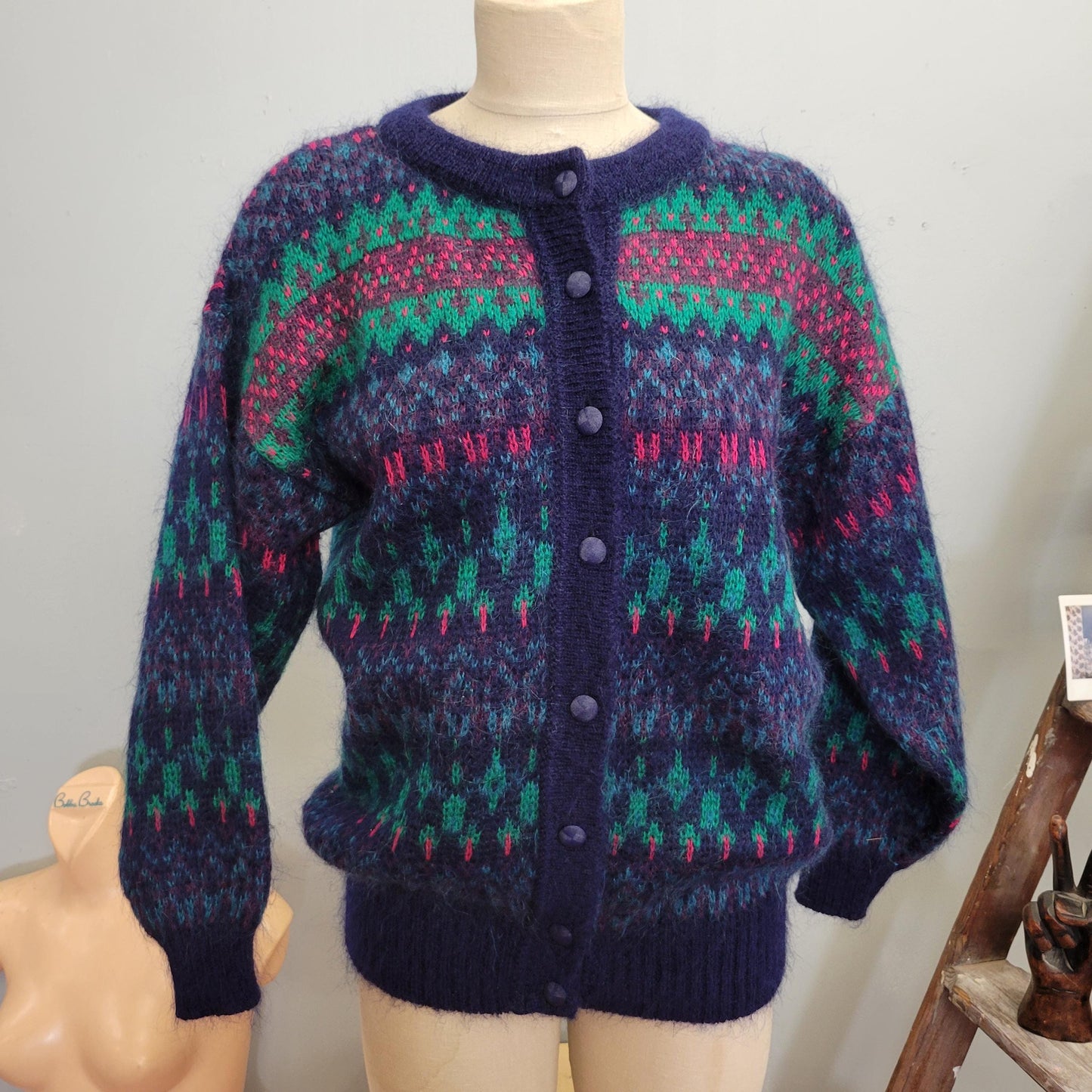 vtg 80s PATTERNED MOHAIR CARDIGAN // vintage zig zag geometric abstract print button up bright jewel tone cardigan fuzzy shaggy funky retro