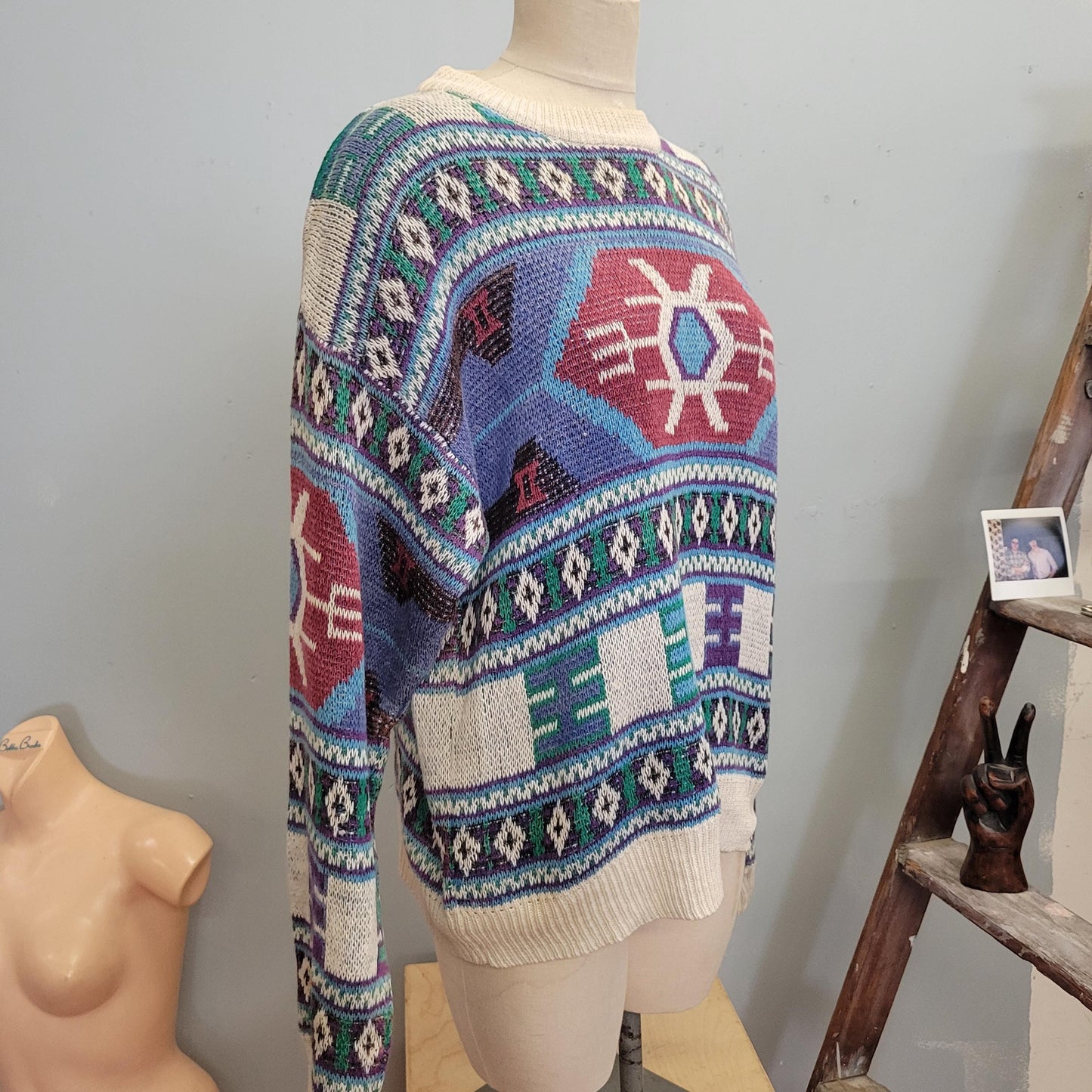 vtg 90s GEOMETRIC PATTERN SWEATER // vintage southwestern all over print abstract autumn cozy cotton ribbed textured chunky knit coastal