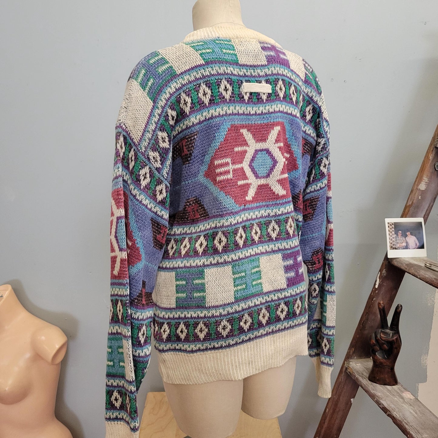 vtg 90s GEOMETRIC PATTERN SWEATER // vintage southwestern all over print abstract autumn cozy cotton ribbed textured chunky knit coastal